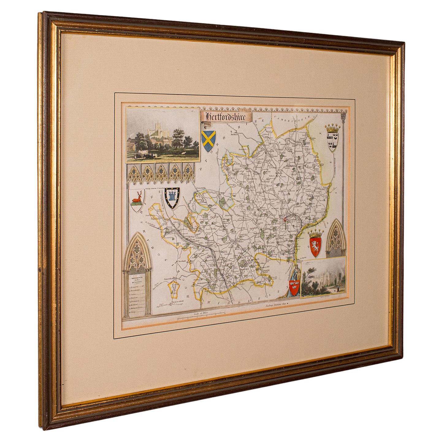 Antique County Map, Hertfordshire, English, Framed Engraving, Cartography, Litho