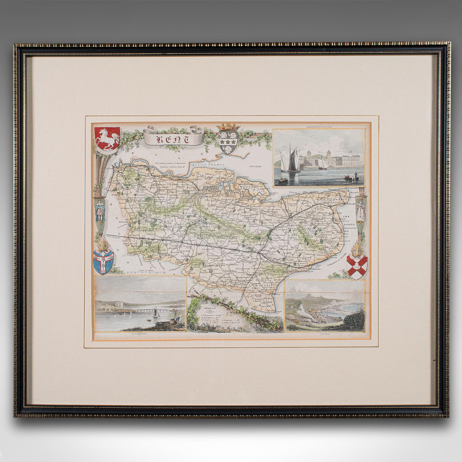 
Dies ist eine antike lithographische Karte von Kent. Ein englischer, gerahmter Atlasstich von kartografischem Interesse aus der Mitte des 19. Jahrhunderts und später.

Hervorragende Lithografie von Kent und seiner Grafschaft, perfekt für die