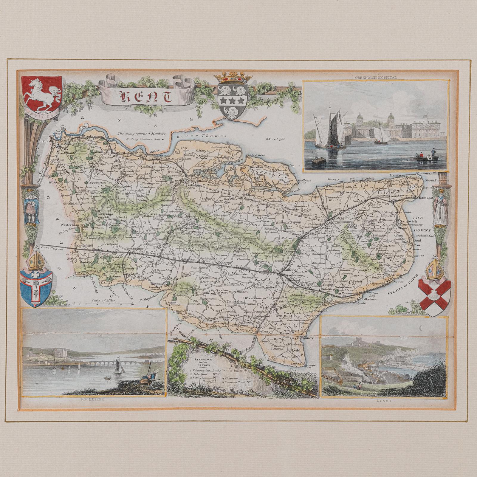 Antike County Karte, Kent, Englisch, Gerahmt, Lithographie, Kartographie, Viktorianisch im Zustand „Gut“ im Angebot in Hele, Devon, GB