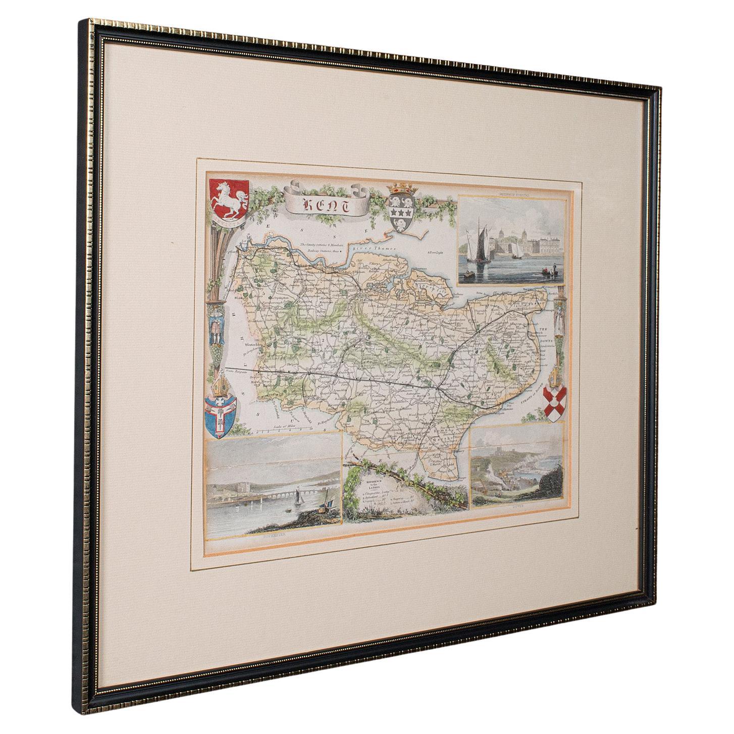 Antike County Karte, Kent, Englisch, Gerahmt, Lithographie, Kartographie, Viktorianisch