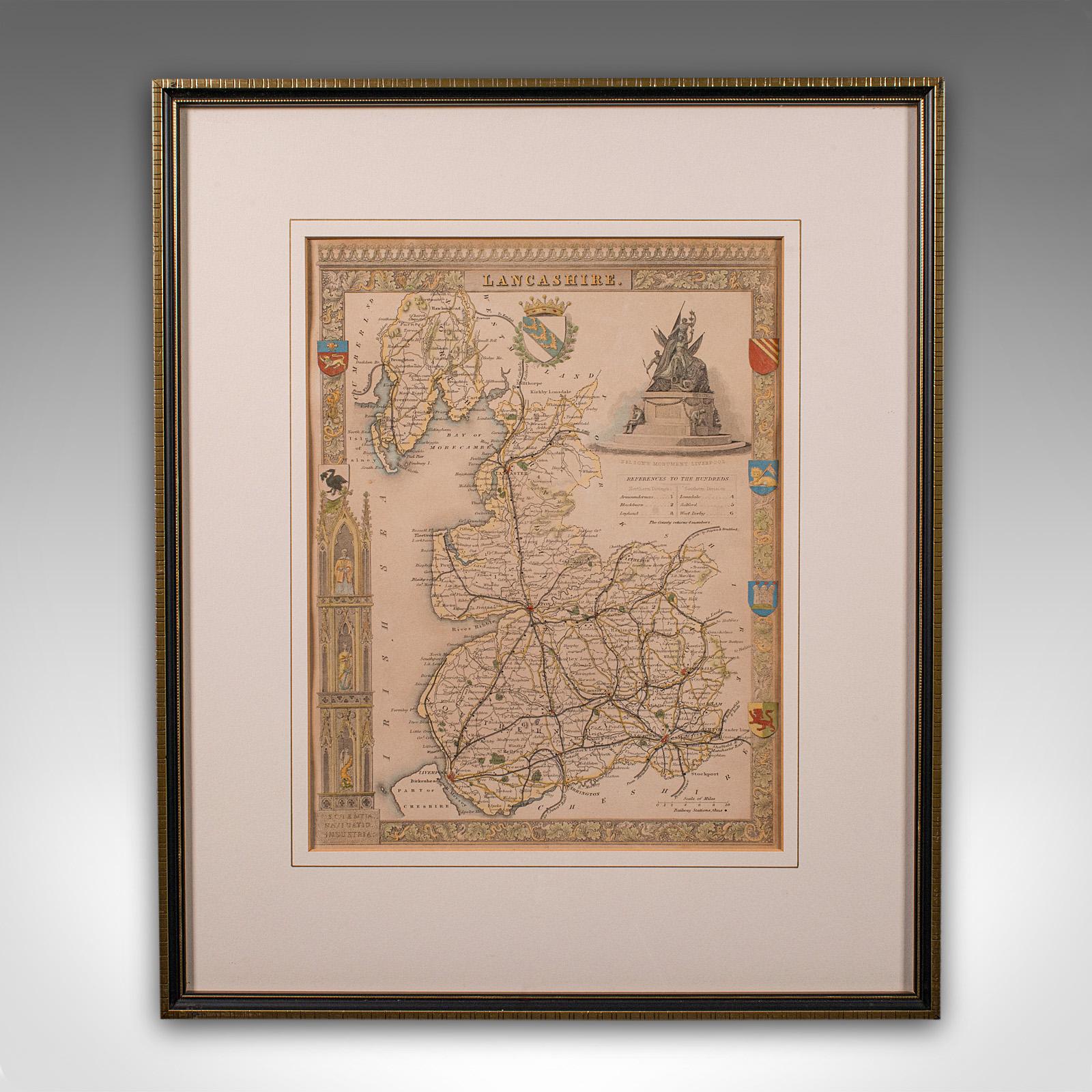 
This is an antique lithography map of Lancashire. An English, framed atlas engraving of cartographic interest, dating to the mid 19th century and later.

Superb lithography of Lancashire and its county detail, perfect for display
Displaying a