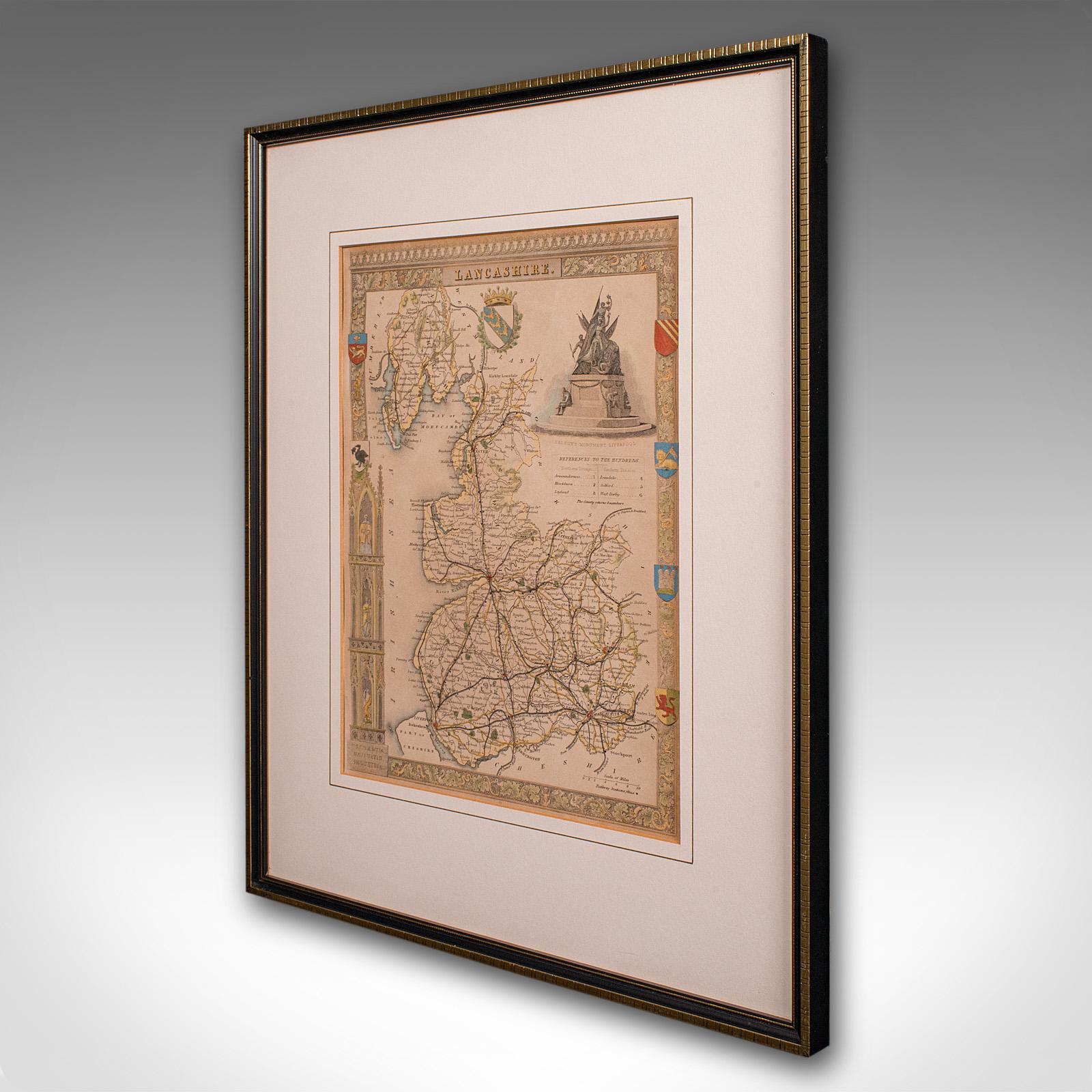 Victorian Antique County Map, Lancashire, English, Framed Lithography, Cartography, C.1860 For Sale