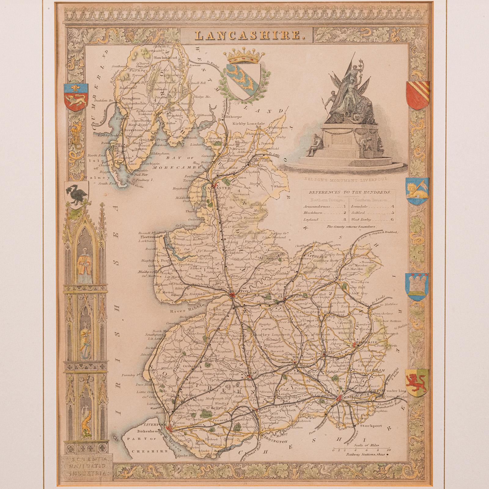 Antique County Map, Lancashire, English, Framed Lithography, Cartography, C.1860 In Good Condition For Sale In Hele, Devon, GB