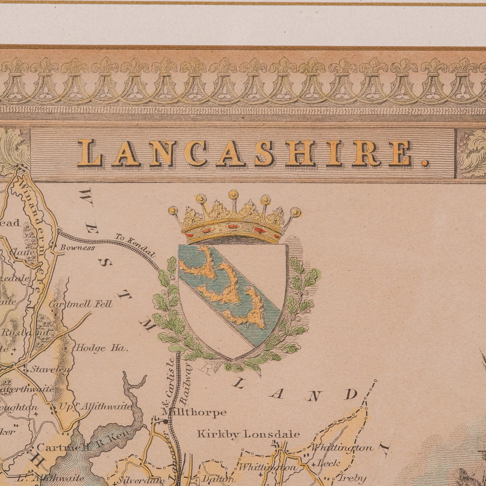 19th Century Antique County Map, Lancashire, English, Framed Lithography, Cartography, C.1860 For Sale