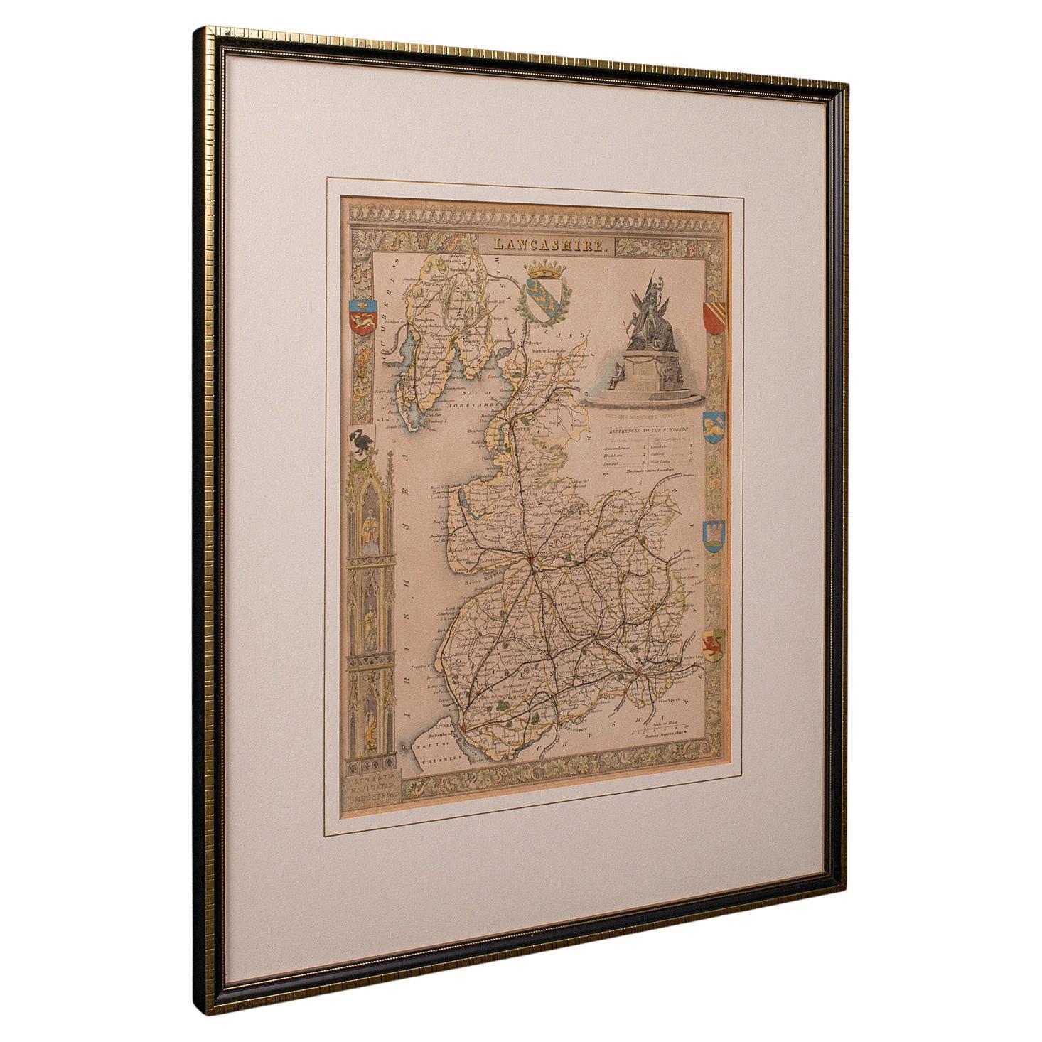 Antike County Karte, Lancashire, Englisch, Gerahmte Lithographie, Kartographie, C.1860