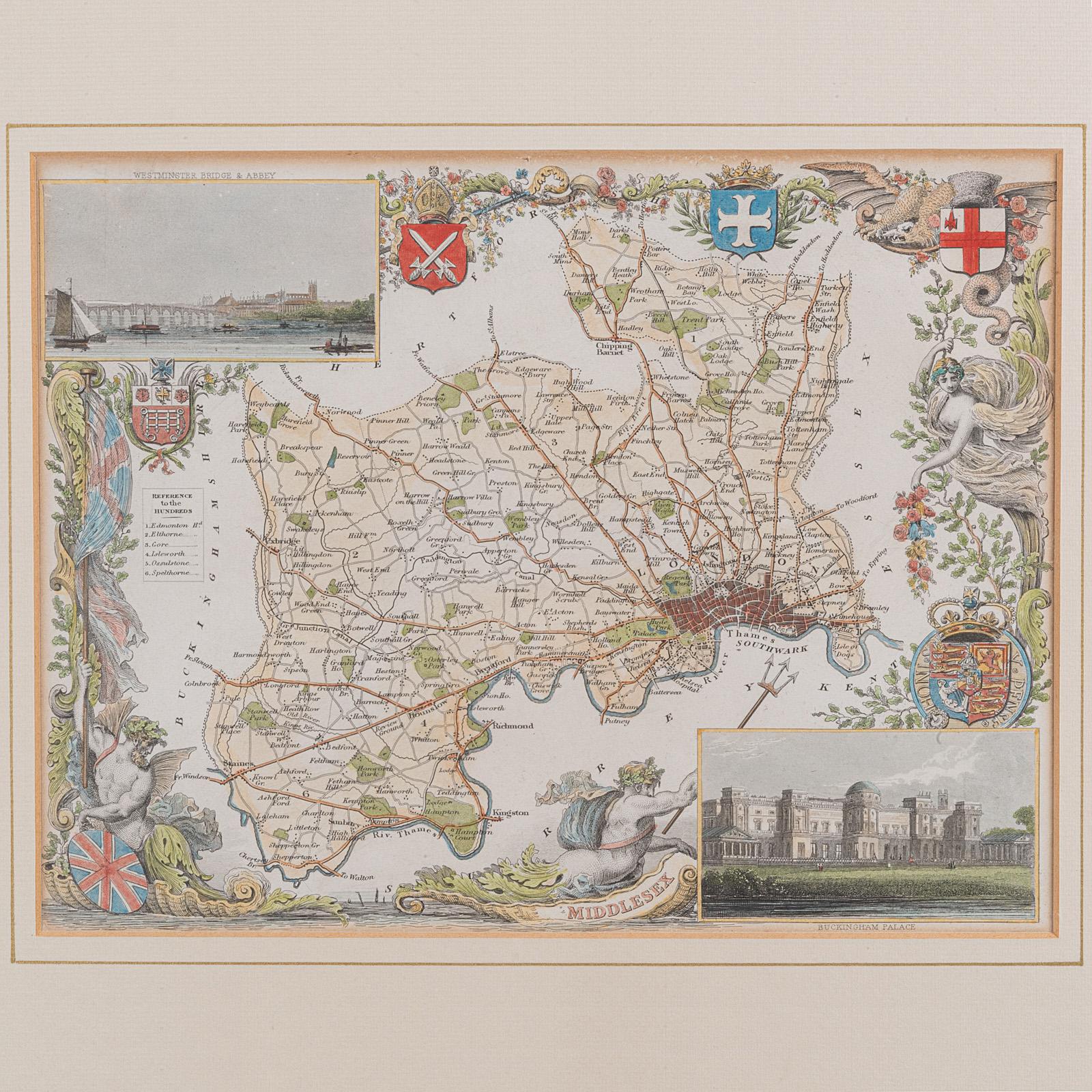 Antique County Map, Middlesex, English, Framed, Litho, Cartography, Victorian In Good Condition For Sale In Hele, Devon, GB