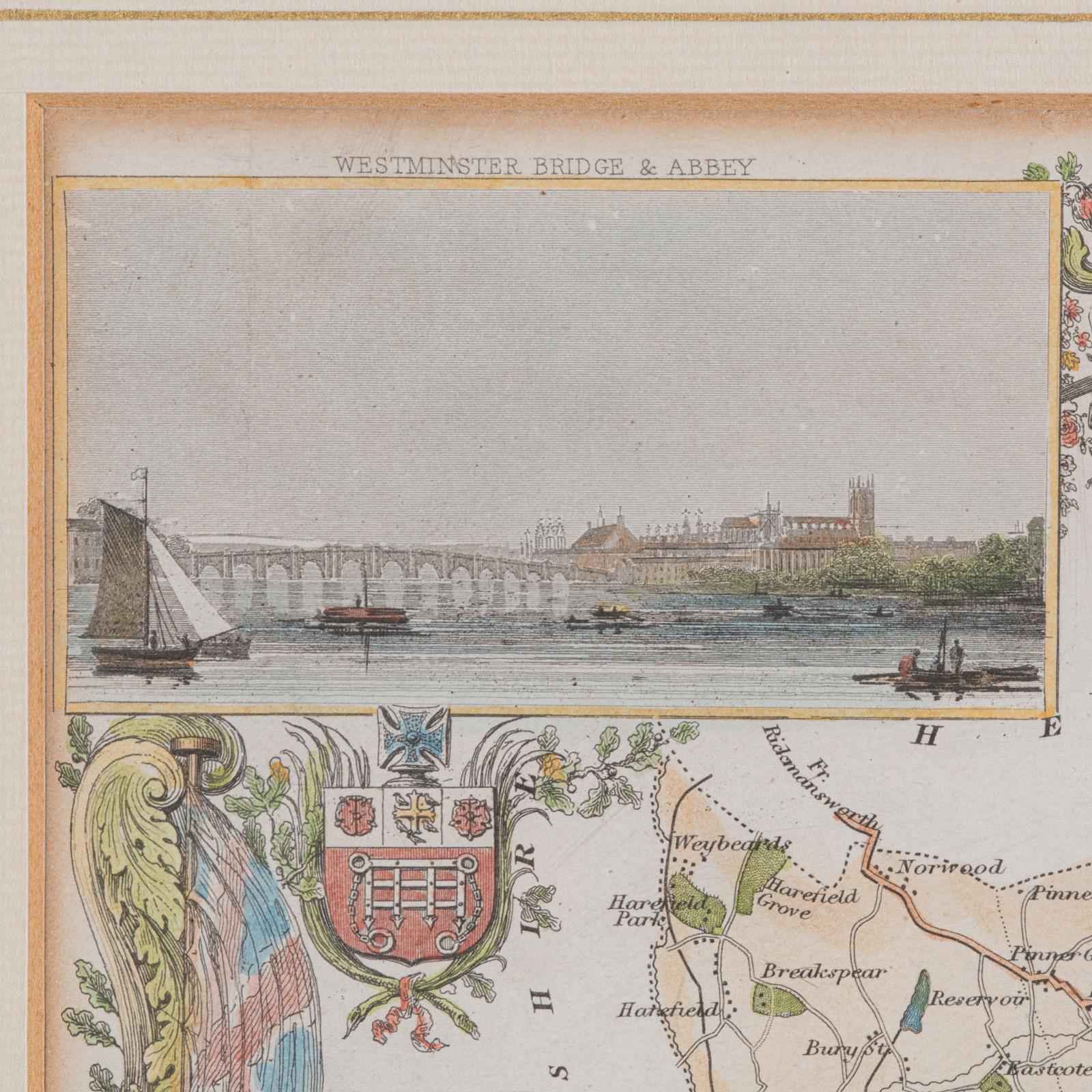 Paper Antique County Map, Middlesex, English, Framed, Litho, Cartography, Victorian For Sale