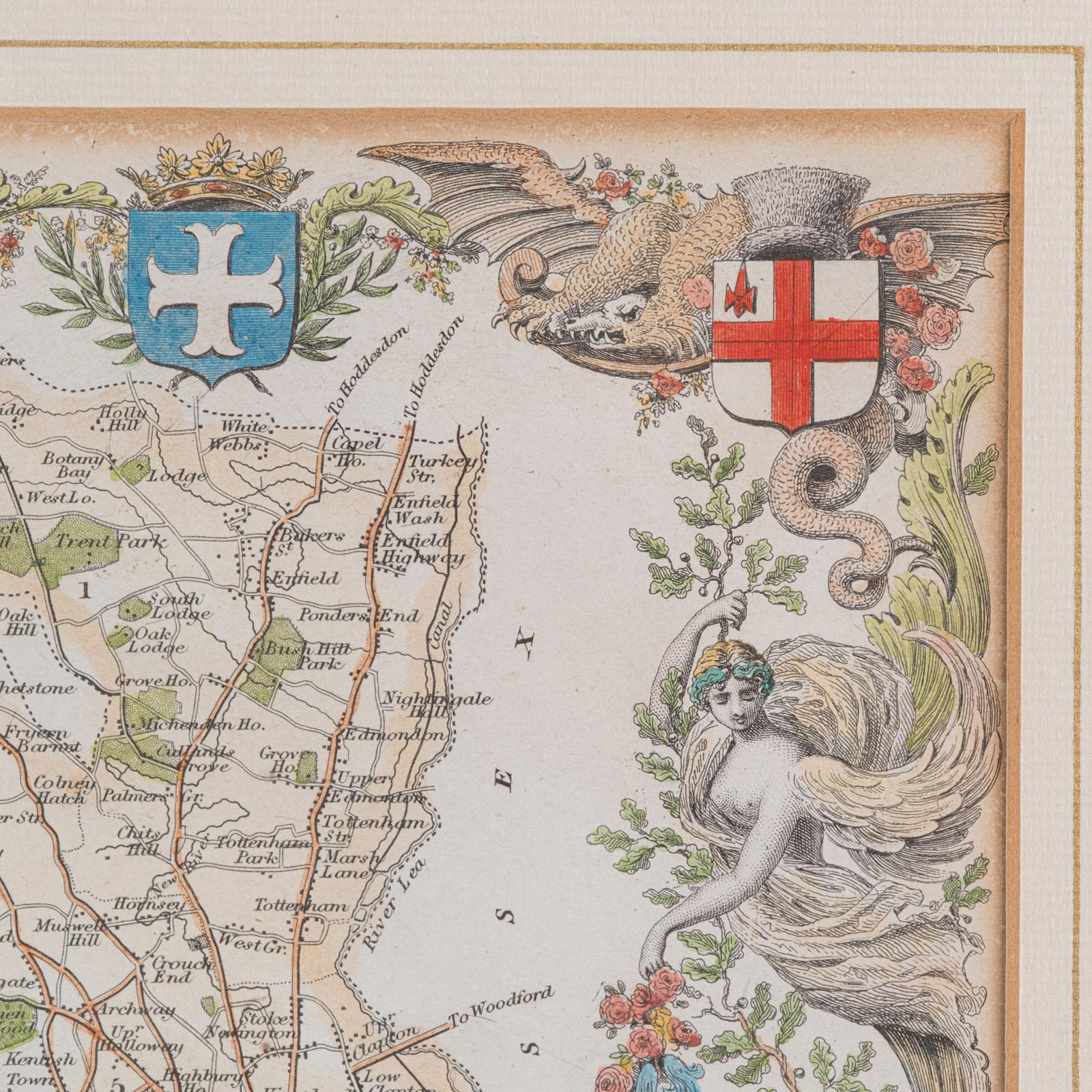 Antique County Map, Middlesex, English, Framed, Litho, Cartography, Victorian For Sale 1