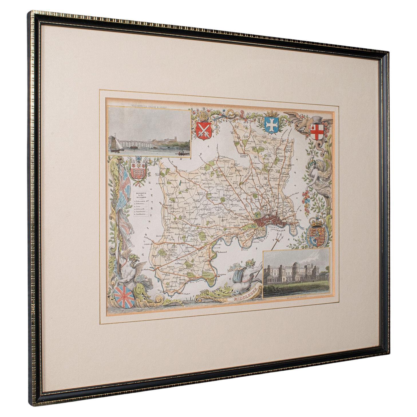 Antique County Map, Middlesex, English, Framed, Litho, Cartography, Victorian For Sale