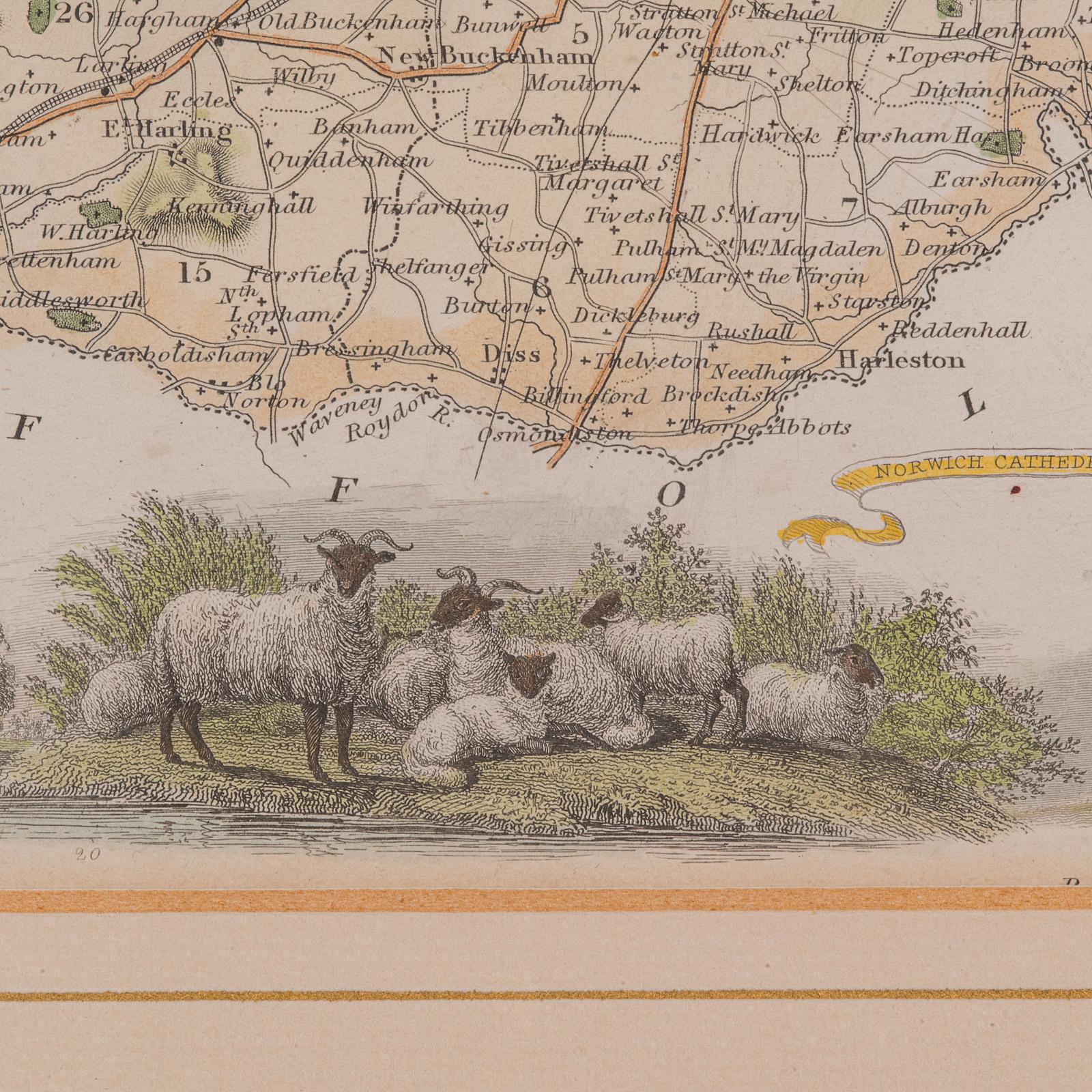 Carte ancienne du County, Norfolk, anglaise, lithographie encadrée, cartographie, victorienne en vente 3