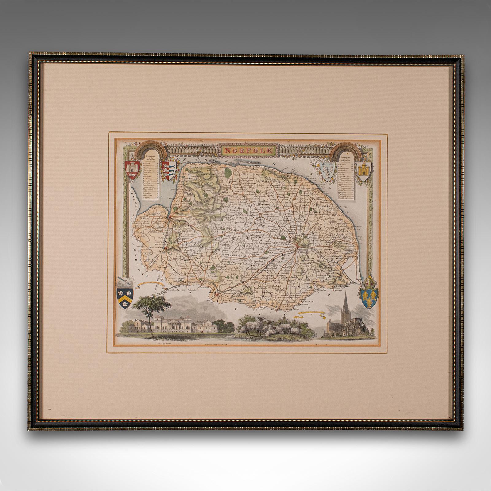 This is an antique lithography map of Norfolk. An English, framed atlas engraving of cartographic interest, dating to the mid 19th century and later.

Superb lithography of Norfolk and its county detail, perfect for display
Displaying a desirable