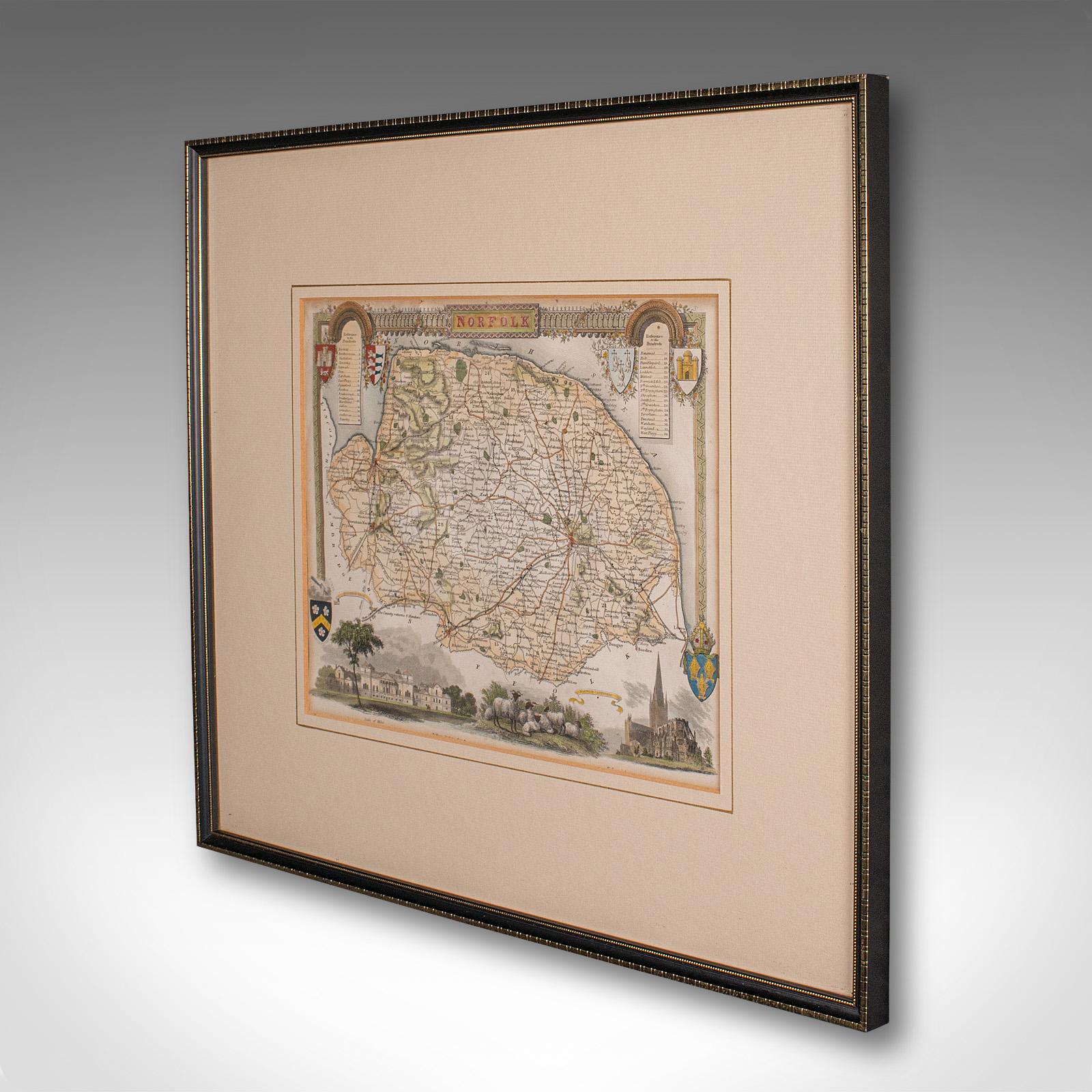 British Antique County Map, Norfolk, English, Framed Lithography, Cartography, Victorian For Sale