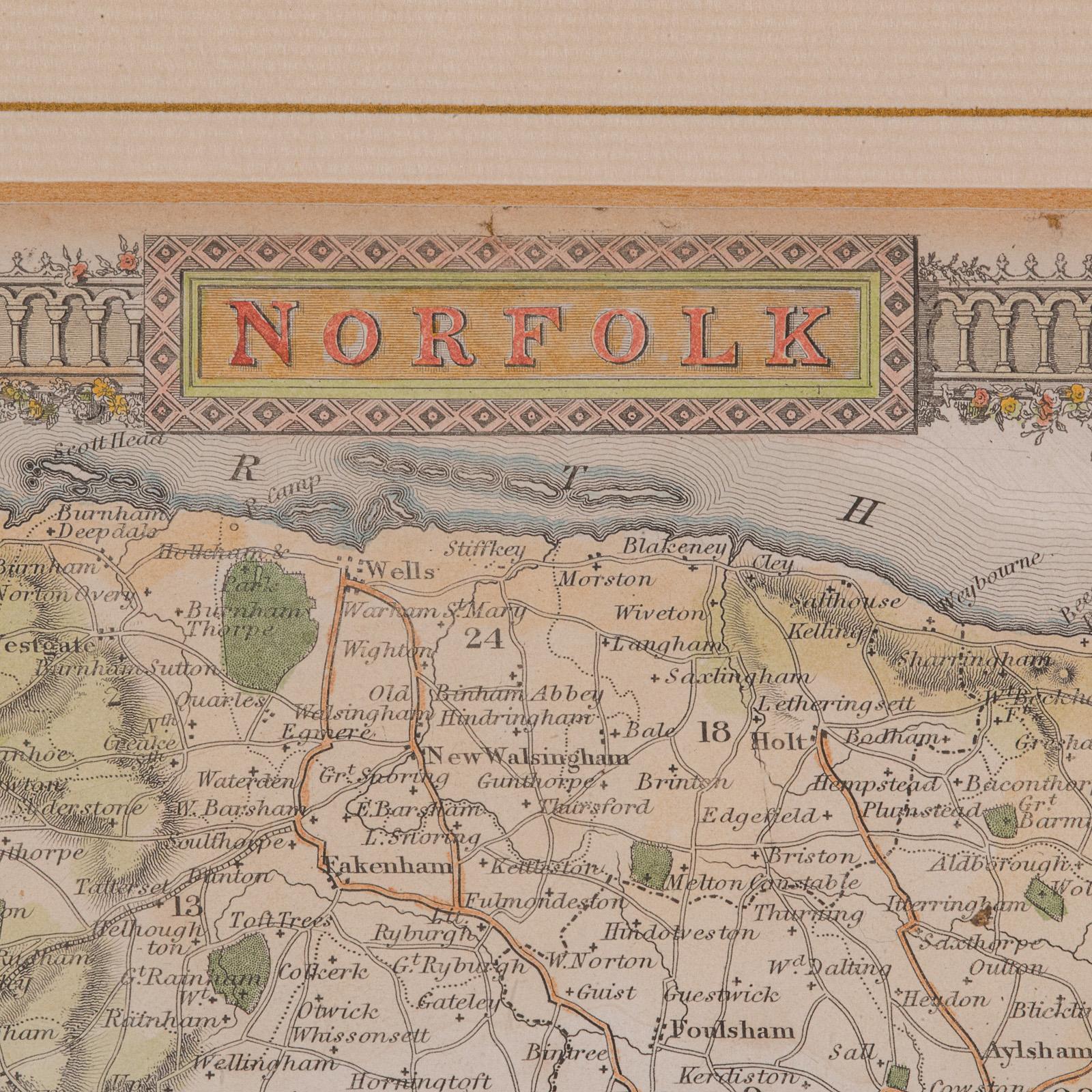 XIXe siècle Carte ancienne du County, Norfolk, anglaise, lithographie encadrée, cartographie, victorienne en vente