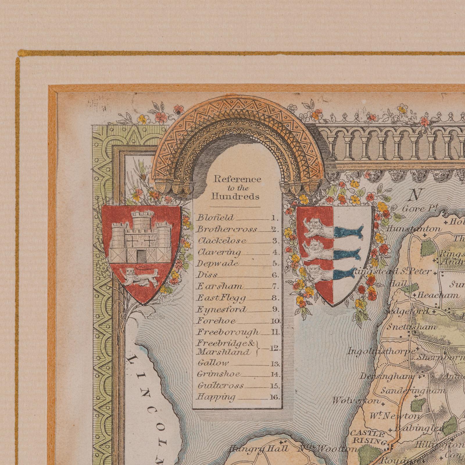 Verre Carte ancienne du County, Norfolk, anglaise, lithographie encadrée, cartographie, victorienne en vente