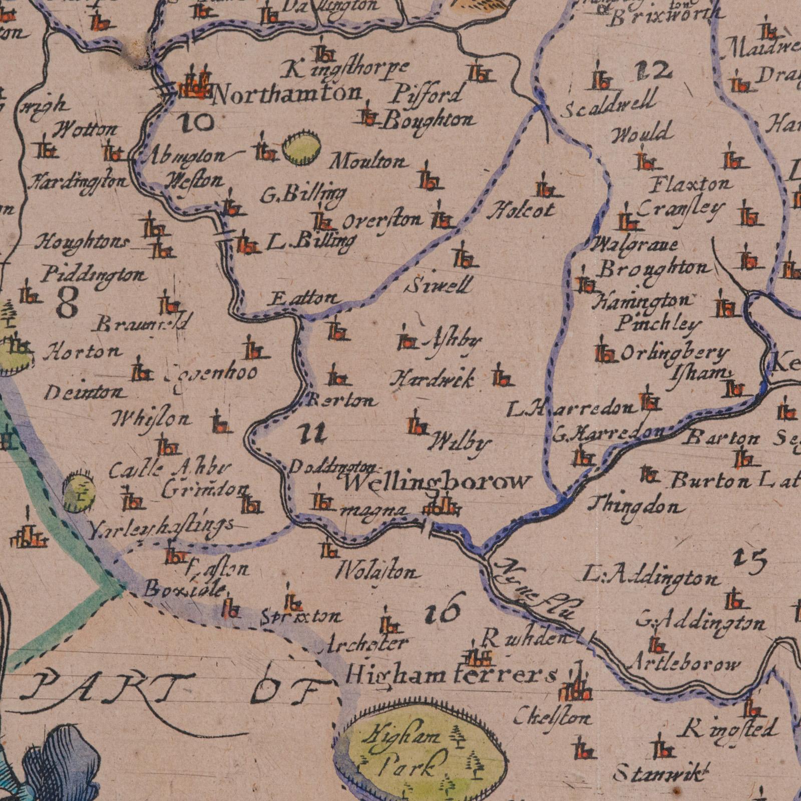 Mapa antiguo del condado, Northamptonshire, Inglés, Cartografía enmarcada, Richard Blome en venta 4
