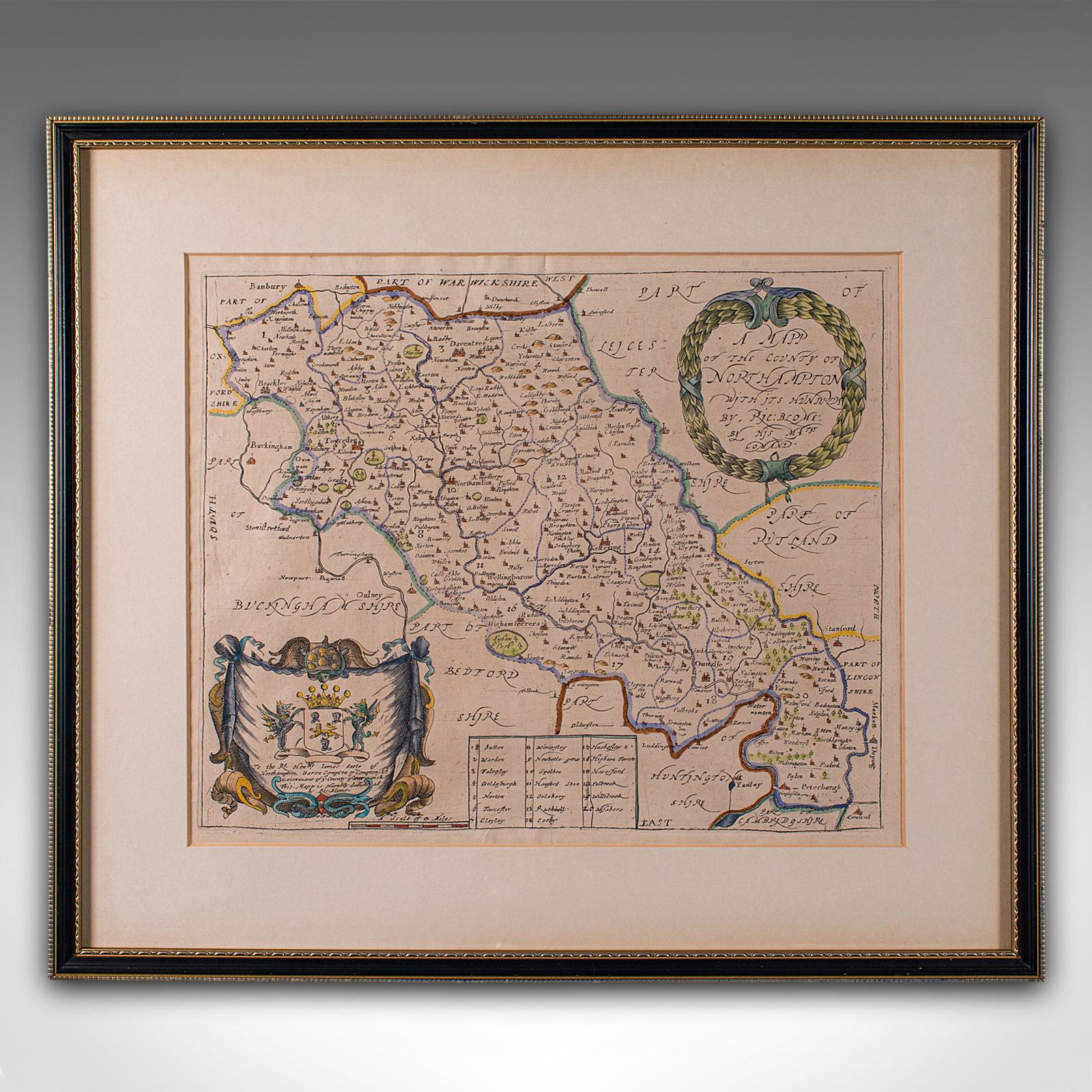 
Mapa antiguo del condado de Northamptonshire. Grabado de atlas inglés, enmarcado, de Richard Blome, del siglo XVII y posteriores.

Cartografía fascinante, orientada 90 grados en el sentido de las agujas del reloj para destacar
Mostrando una