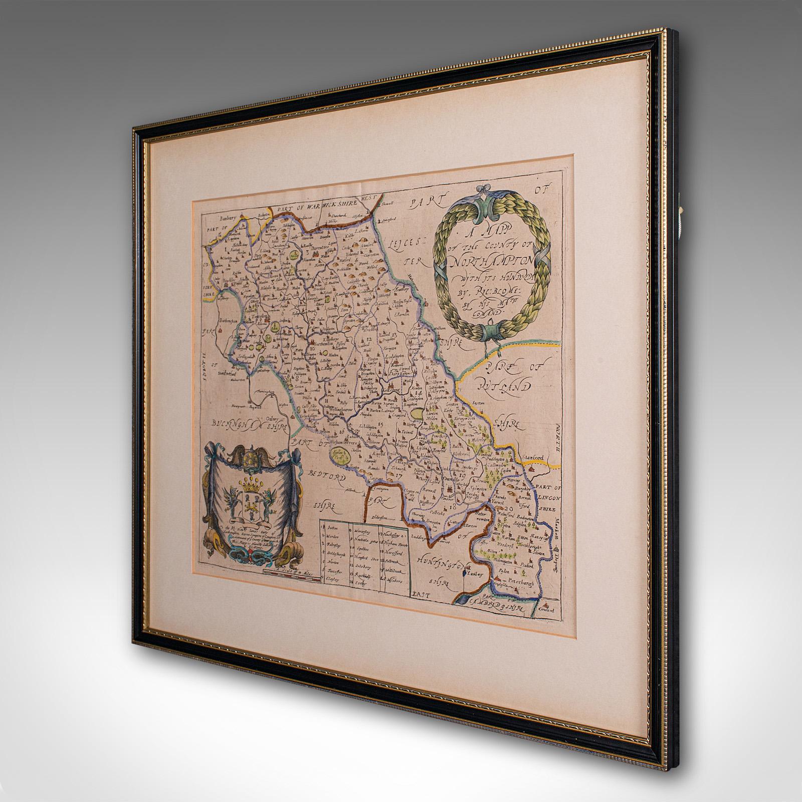 Mapa antiguo del condado, Northamptonshire, Inglés, Cartografía enmarcada, Richard Blome Carlos II en venta