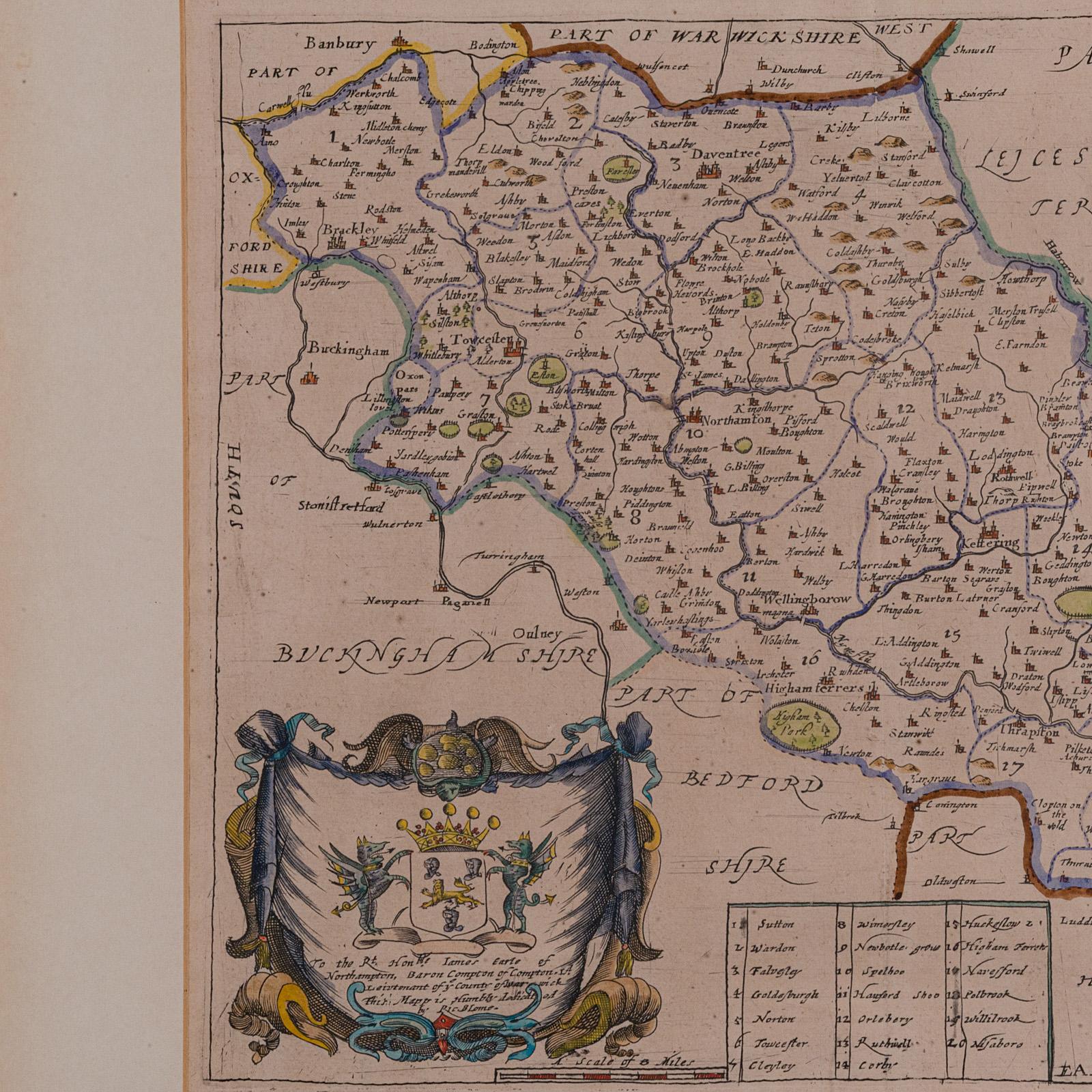 Mapa antiguo del condado, Northamptonshire, Inglés, Cartografía enmarcada, Richard Blome en Bueno estado para la venta en Hele, Devon, GB