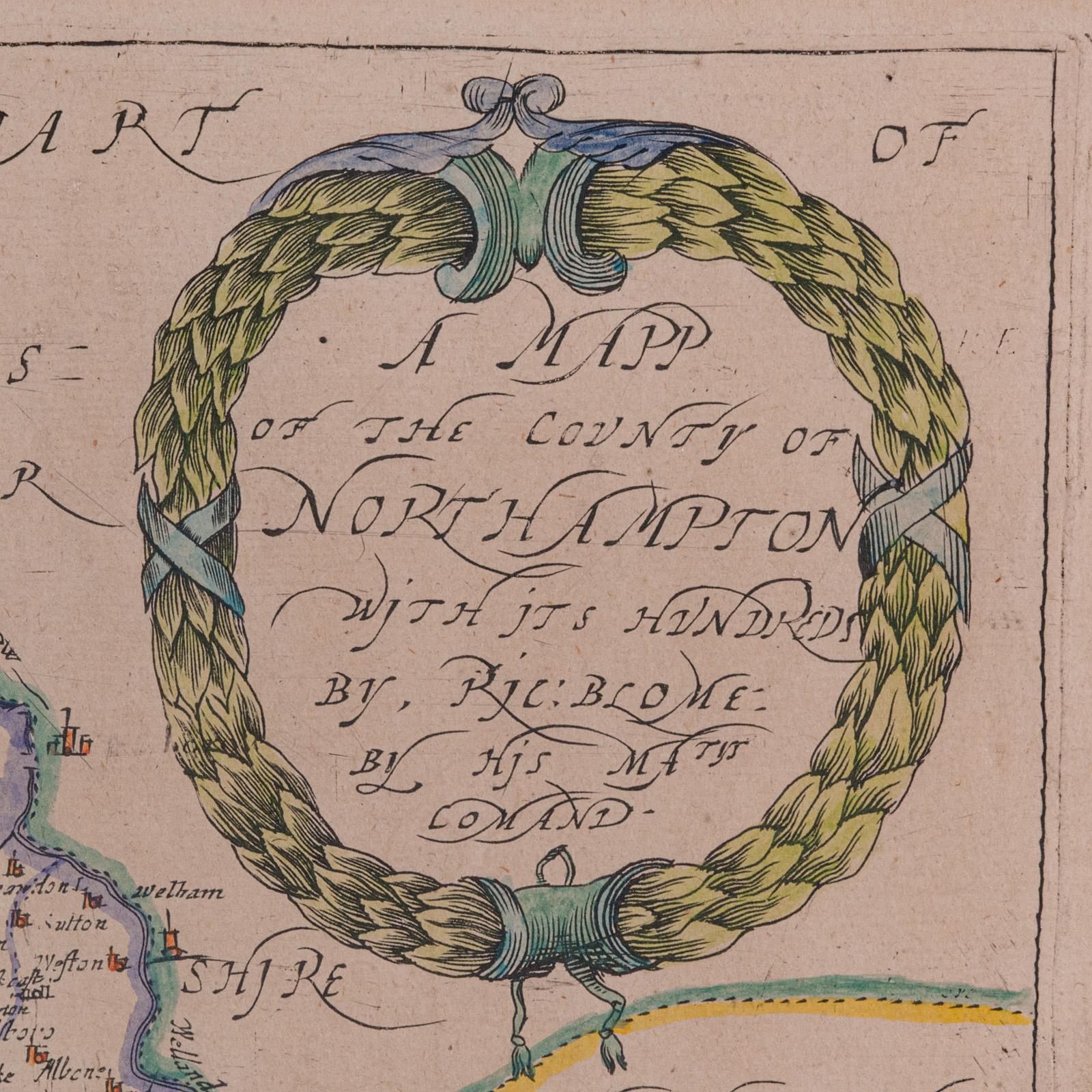 Mapa antiguo del condado, Northamptonshire, Inglés, Cartografía enmarcada, Richard Blome Vidrio en venta