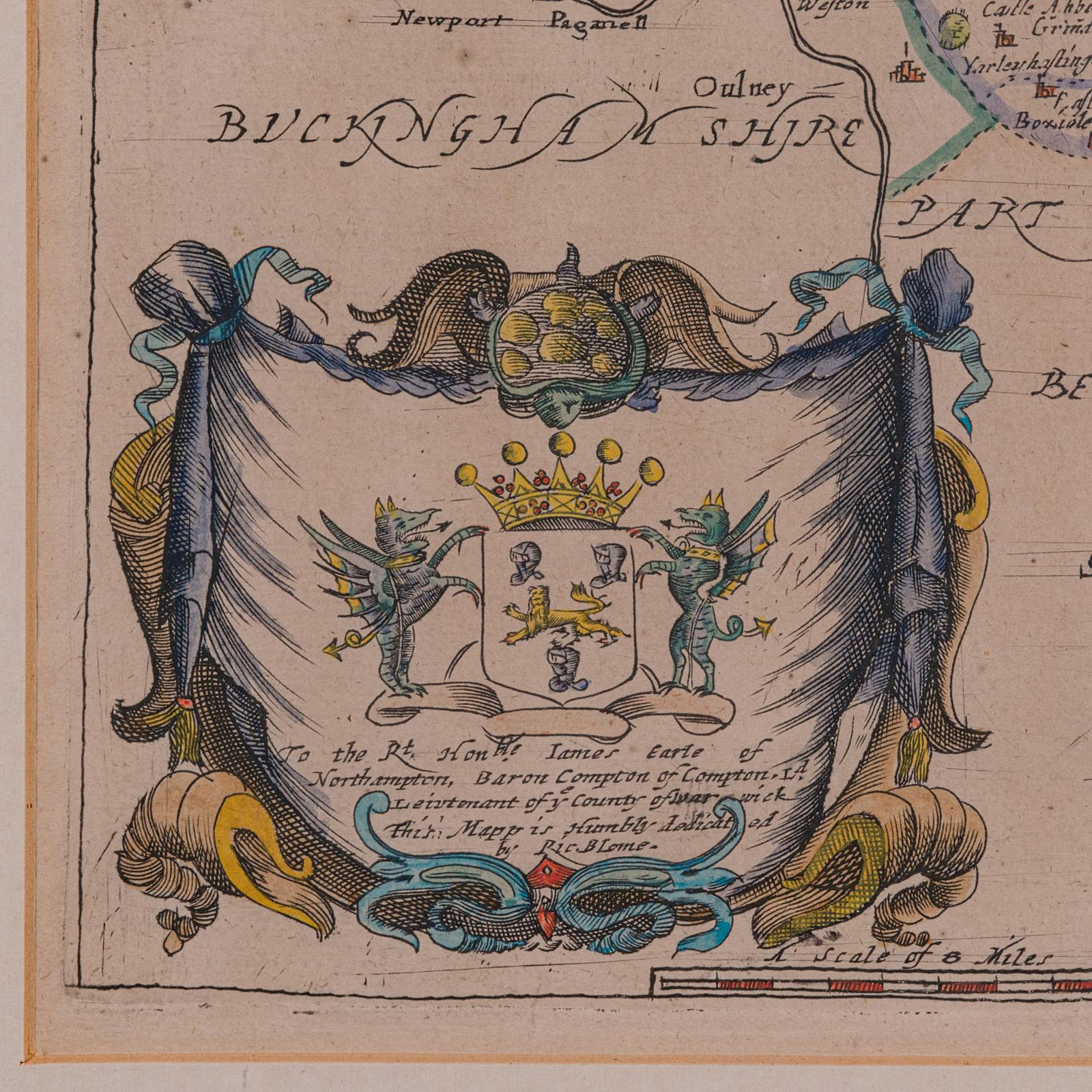 Mapa antiguo del condado, Northamptonshire, Inglés, Cartografía enmarcada, Richard Blome en venta 1