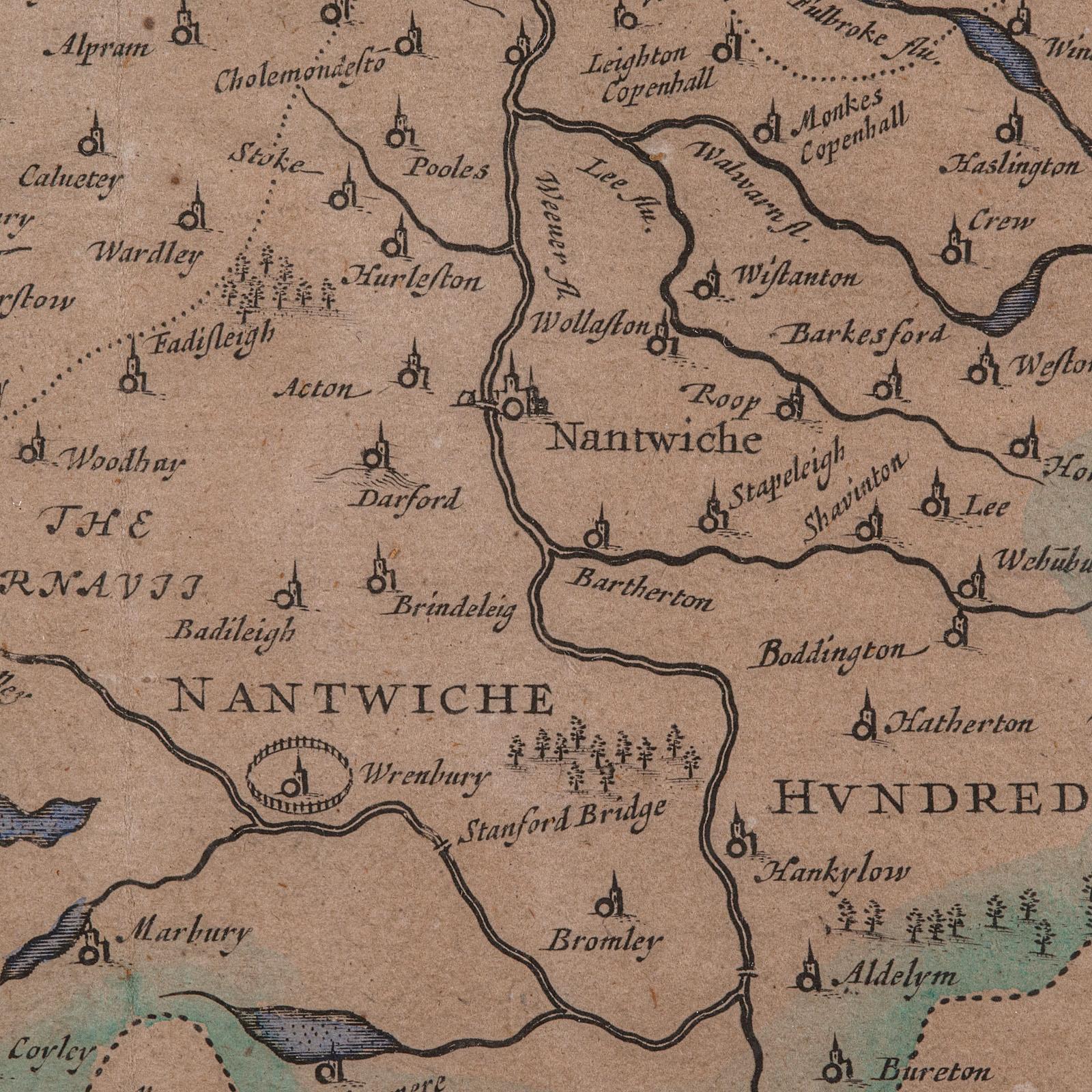 Antica mappa della contea del Cheshire, olandese, incorniciata, cartografia, Janssonius, C.1660 in vendita 3