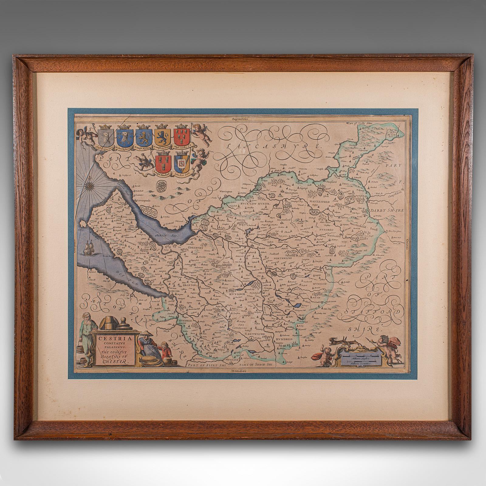 
Questa è un'antica mappa della contea del Cheshire. Un'incisione olandese incorniciata di Johannes Janssonius, risalente al XVII secolo e oltre.

Una chicca per i collezionisti o per gli abitanti della contea, con questa incantevole mappa del