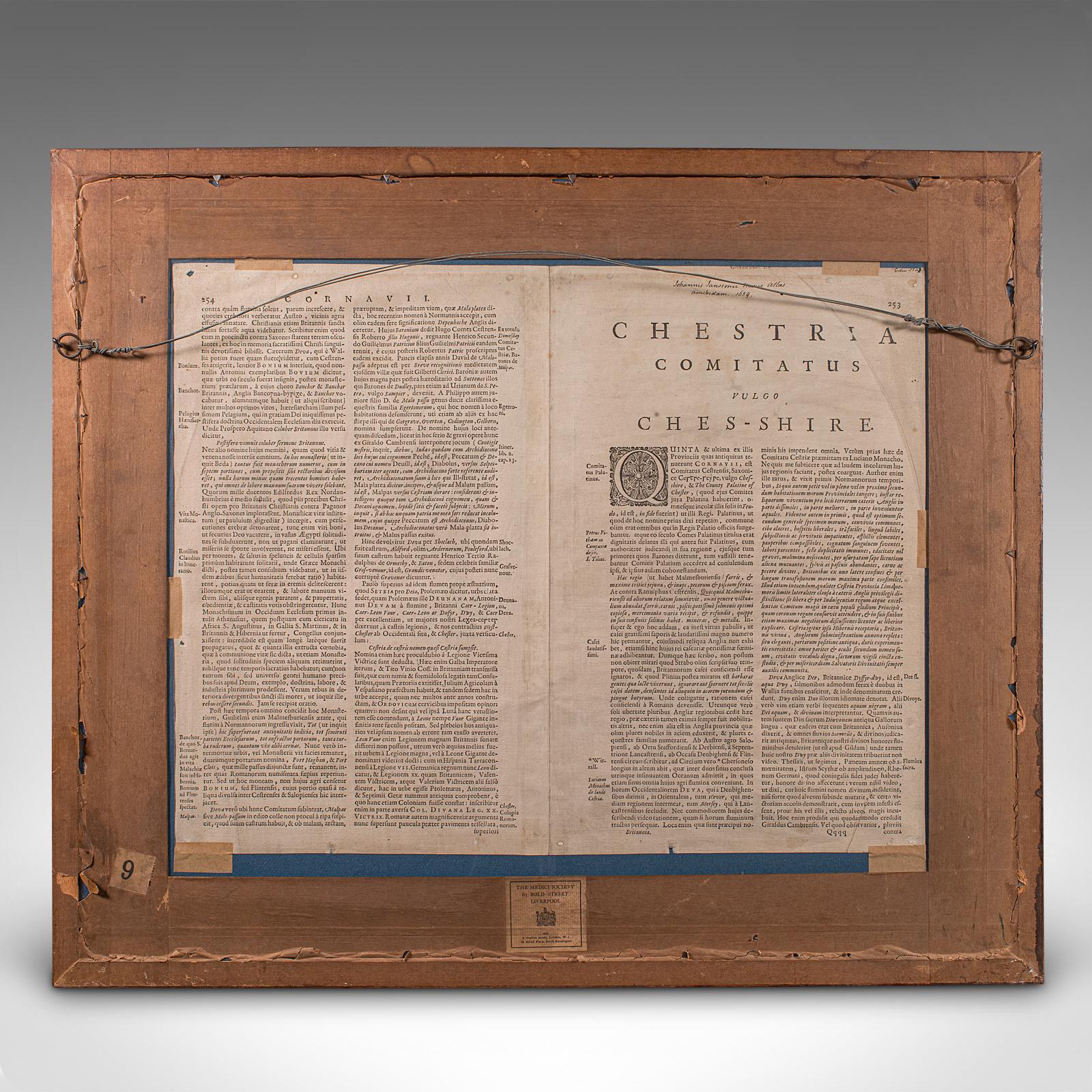 Carlo II Antica mappa della contea del Cheshire, olandese, incorniciata, cartografia, Janssonius, C.1660 in vendita
