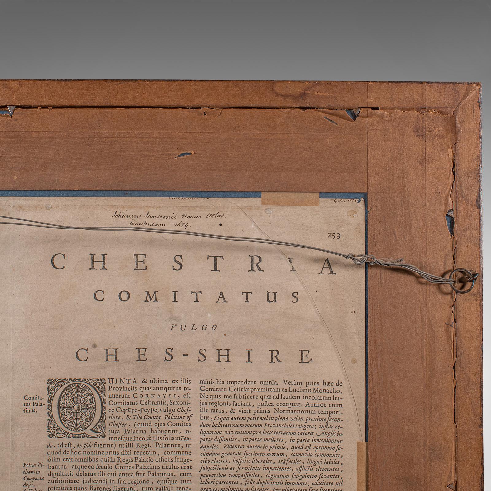 Olandese Antica mappa della contea del Cheshire, olandese, incorniciata, cartografia, Janssonius, C.1660 in vendita