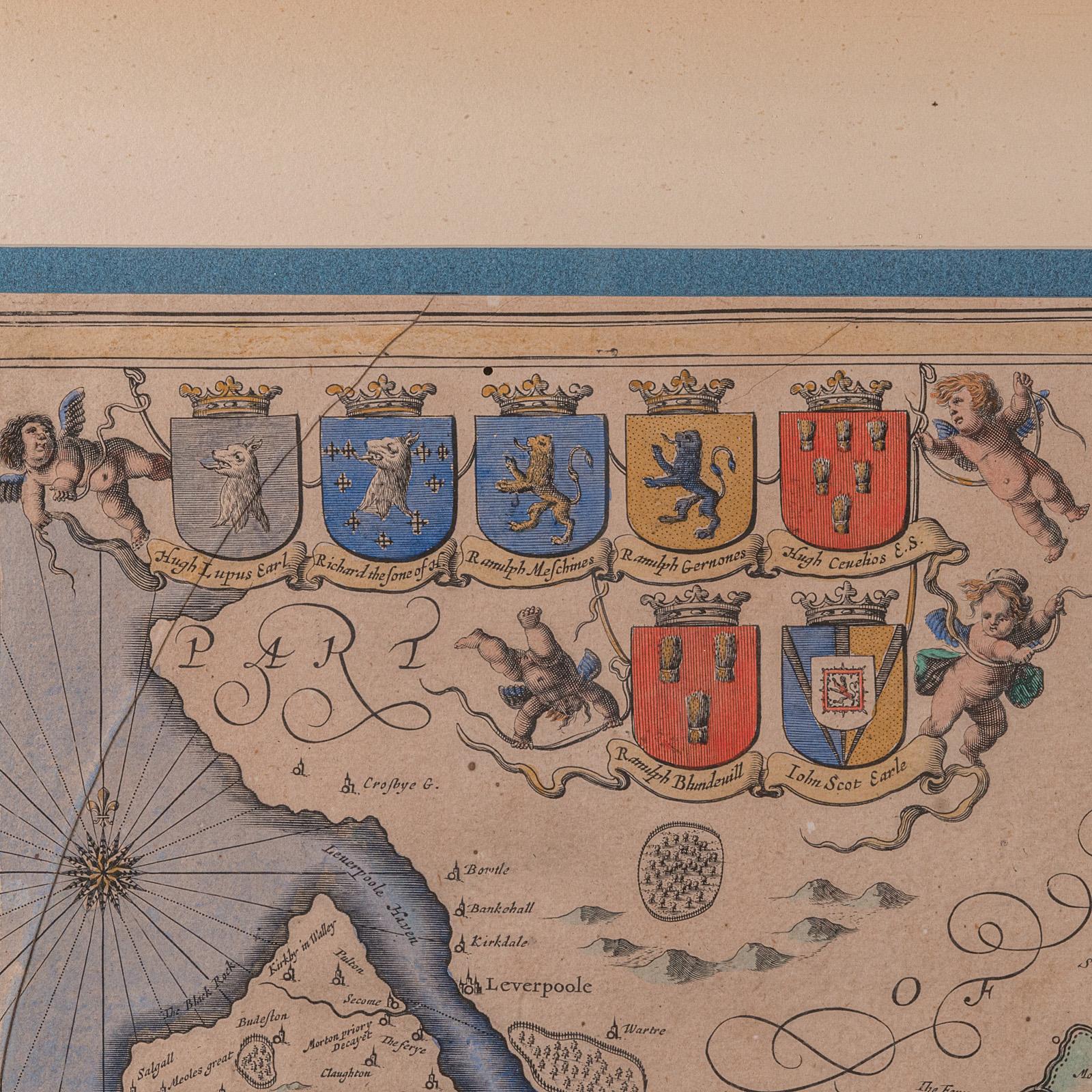 Antica mappa della contea del Cheshire, olandese, incorniciata, cartografia, Janssonius, C.1660 In condizioni buone in vendita a Hele, Devon, GB