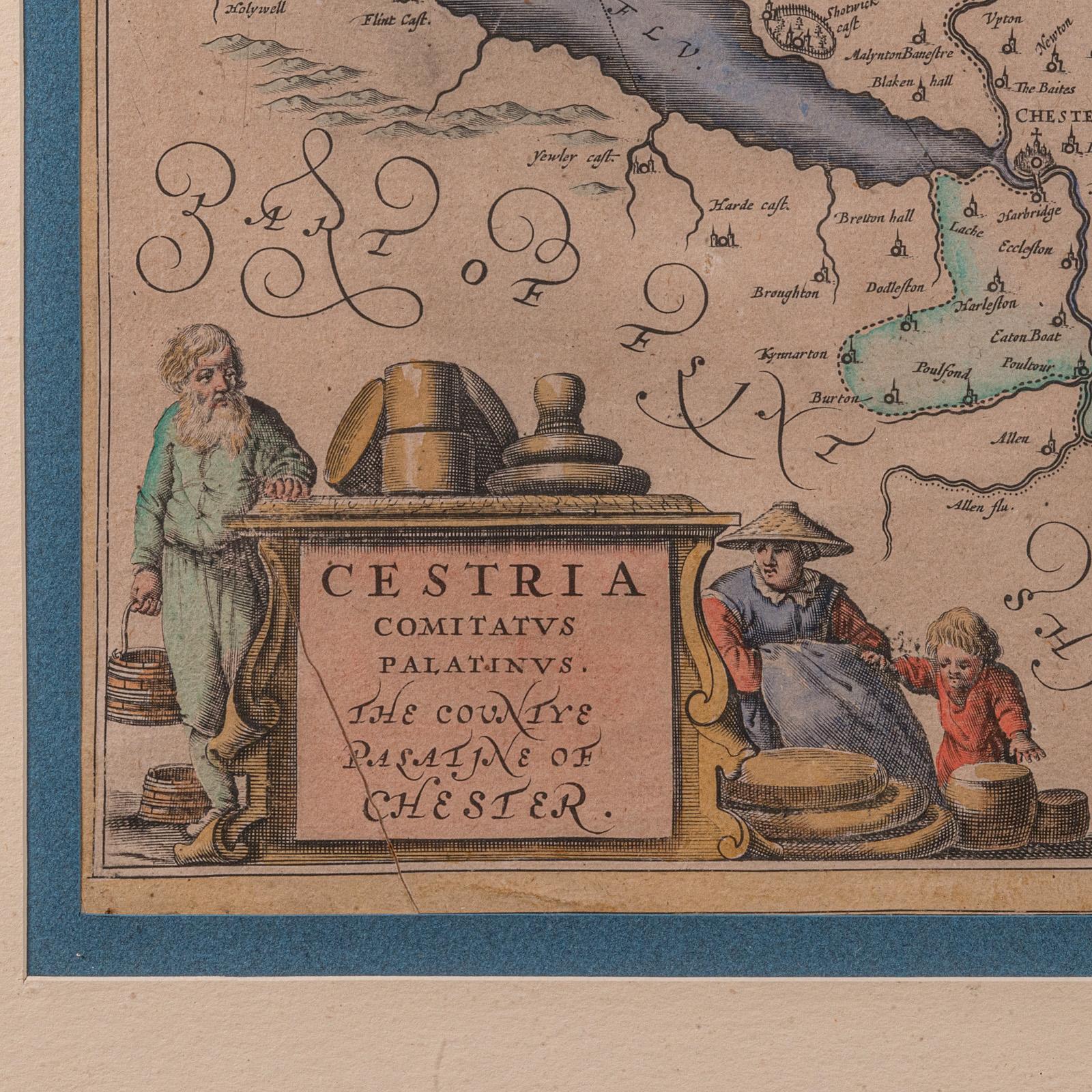 XVII secolo Antica mappa della contea del Cheshire, olandese, incorniciata, cartografia, Janssonius, C.1660 in vendita