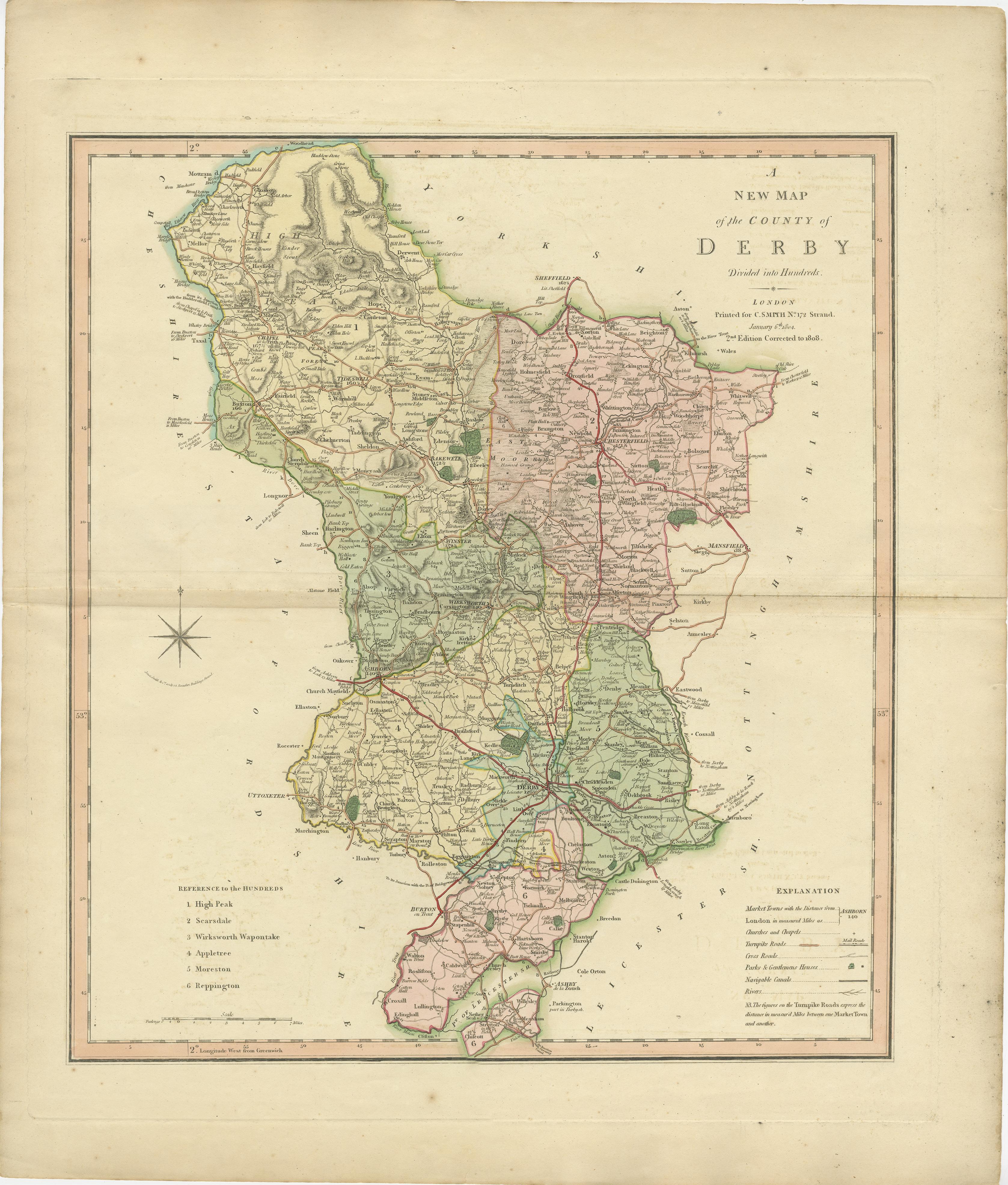 Antique county map of Derbyshire first published, circa 1800. Villages, towns, and cities illustrated include Chesterfield, Wirksworth, Derby, and Stanton.

Charles Smith was a cartographer working in London from circa 1800. His maps were finely