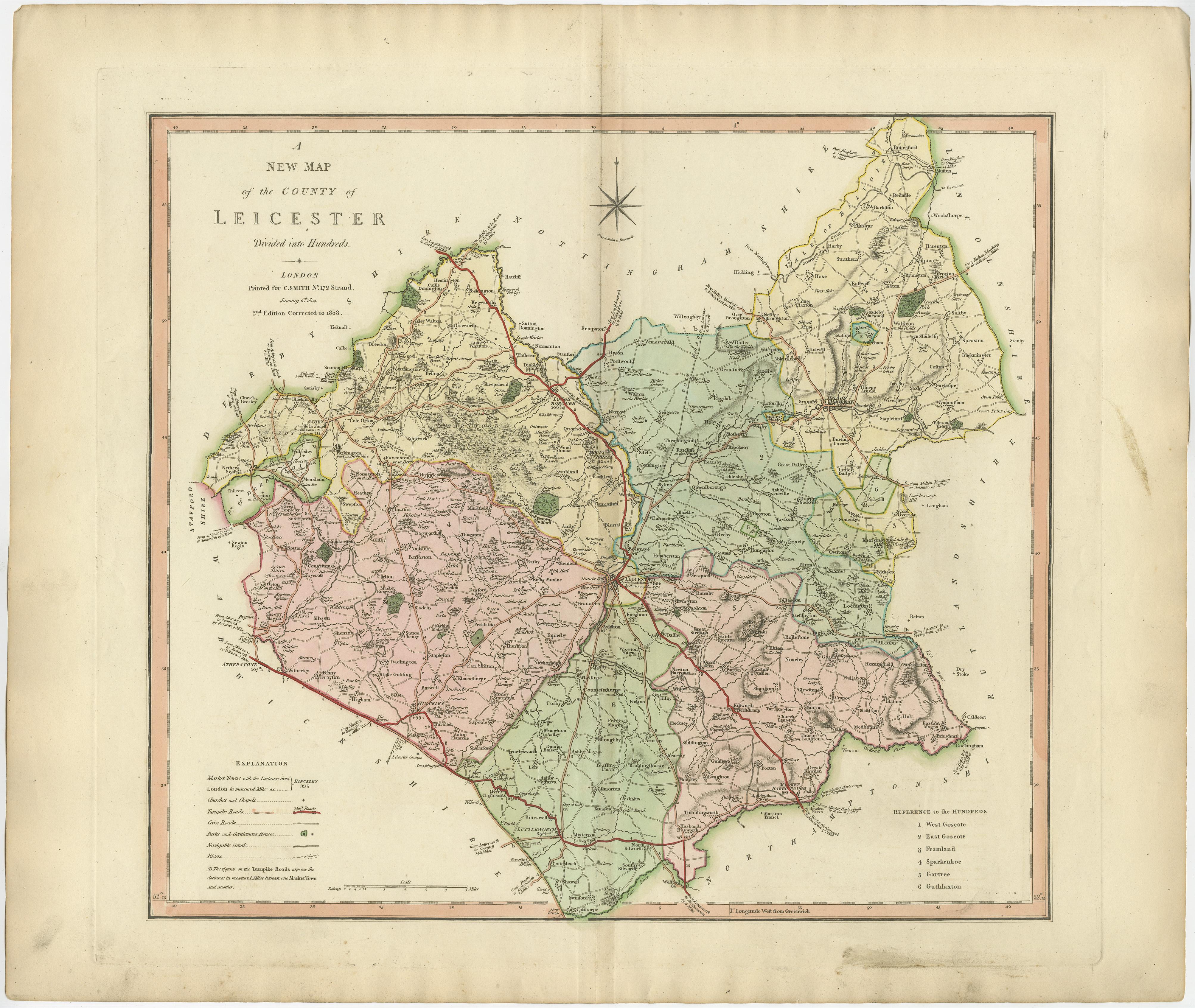 Antique county map of Leicestershire first published c.1800. Villages, towns, and cities illustrated include Lutterworth, Ashby, Hinkley, and Market Harborough.

Charles Smith was a cartographer working in London from circa 1800. His maps were