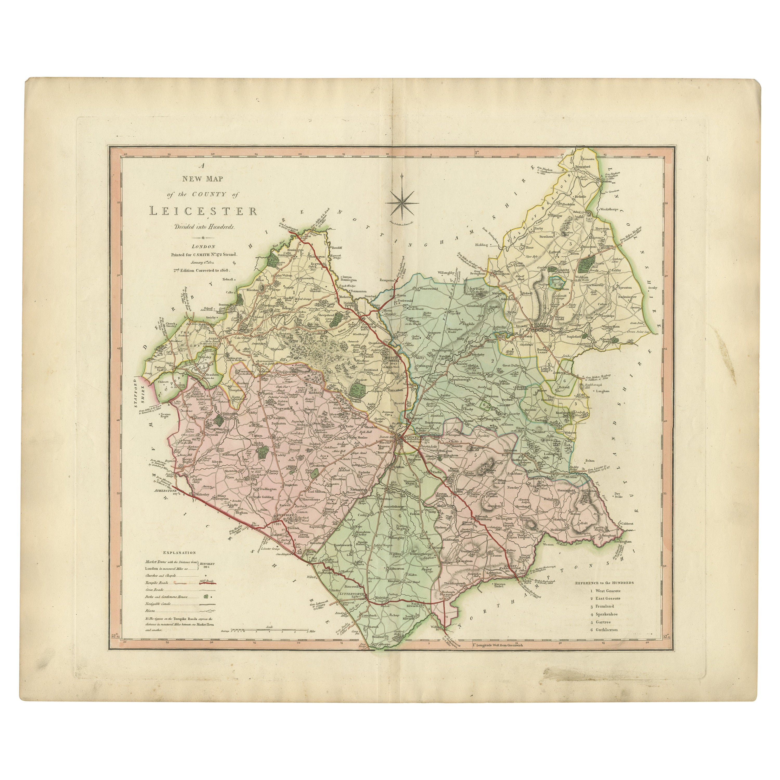 Carta geografica antica della contea del Leicestershire, Inghilterra, 1804