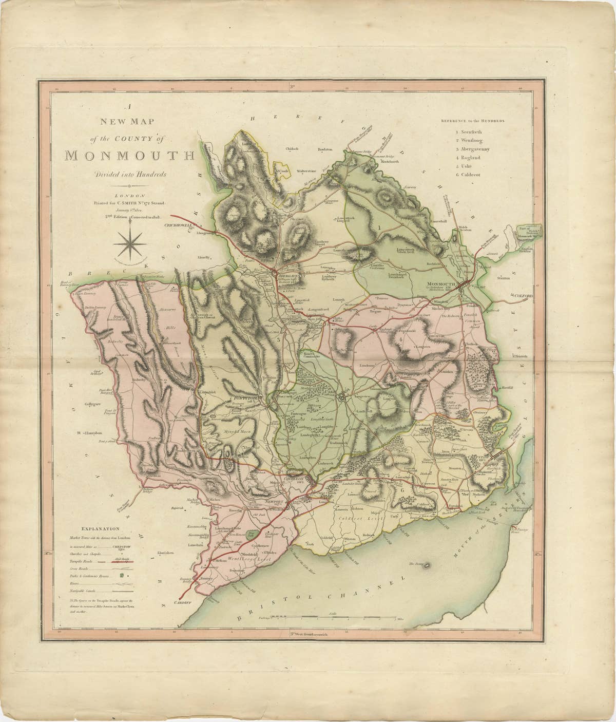 Antique County Map of Monmouthshire, England, circa 1804