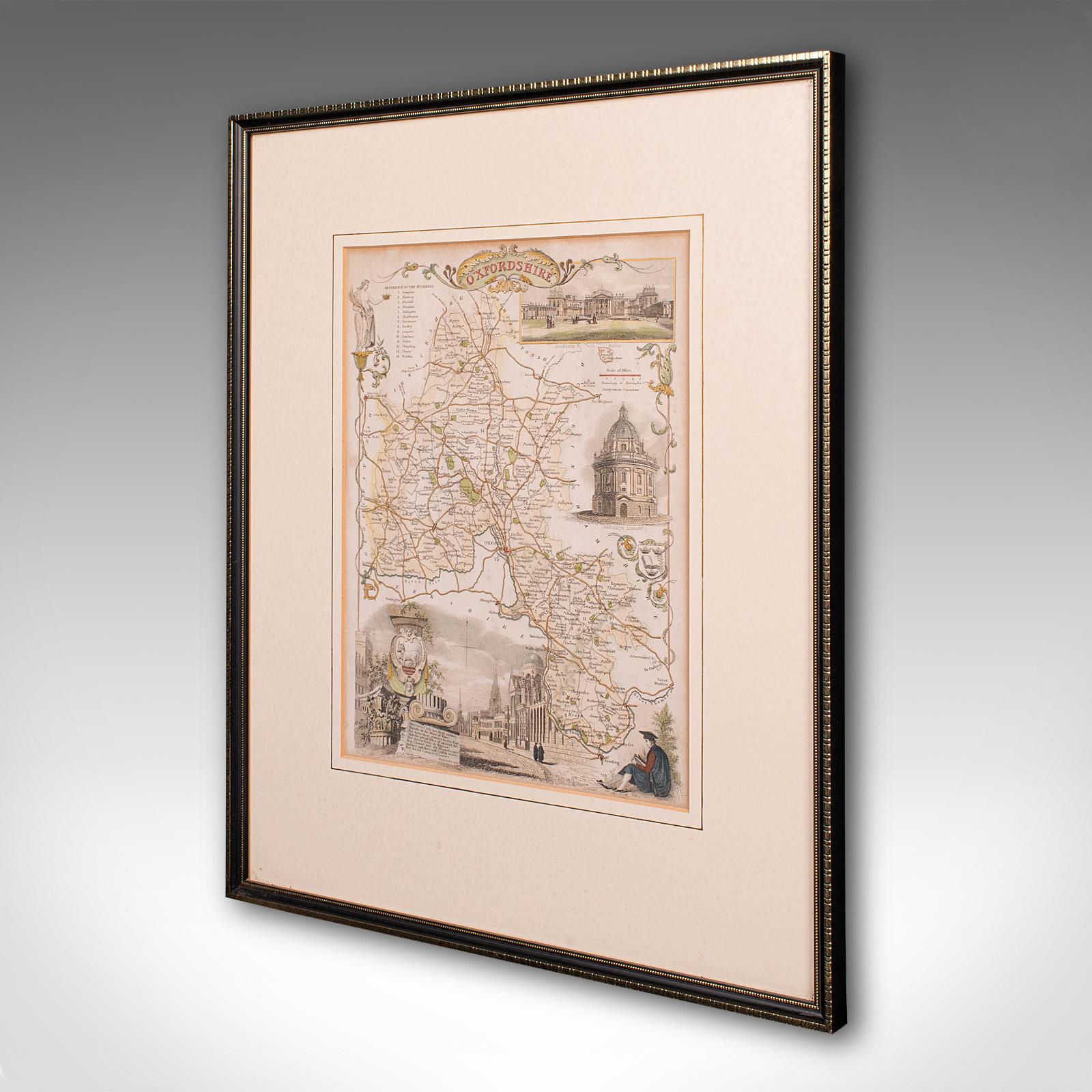 Mid-Century moderno Mappa antica della contea, Oxfordshire, inglese, interesse cartografico incorniciato, vittoriano in vendita