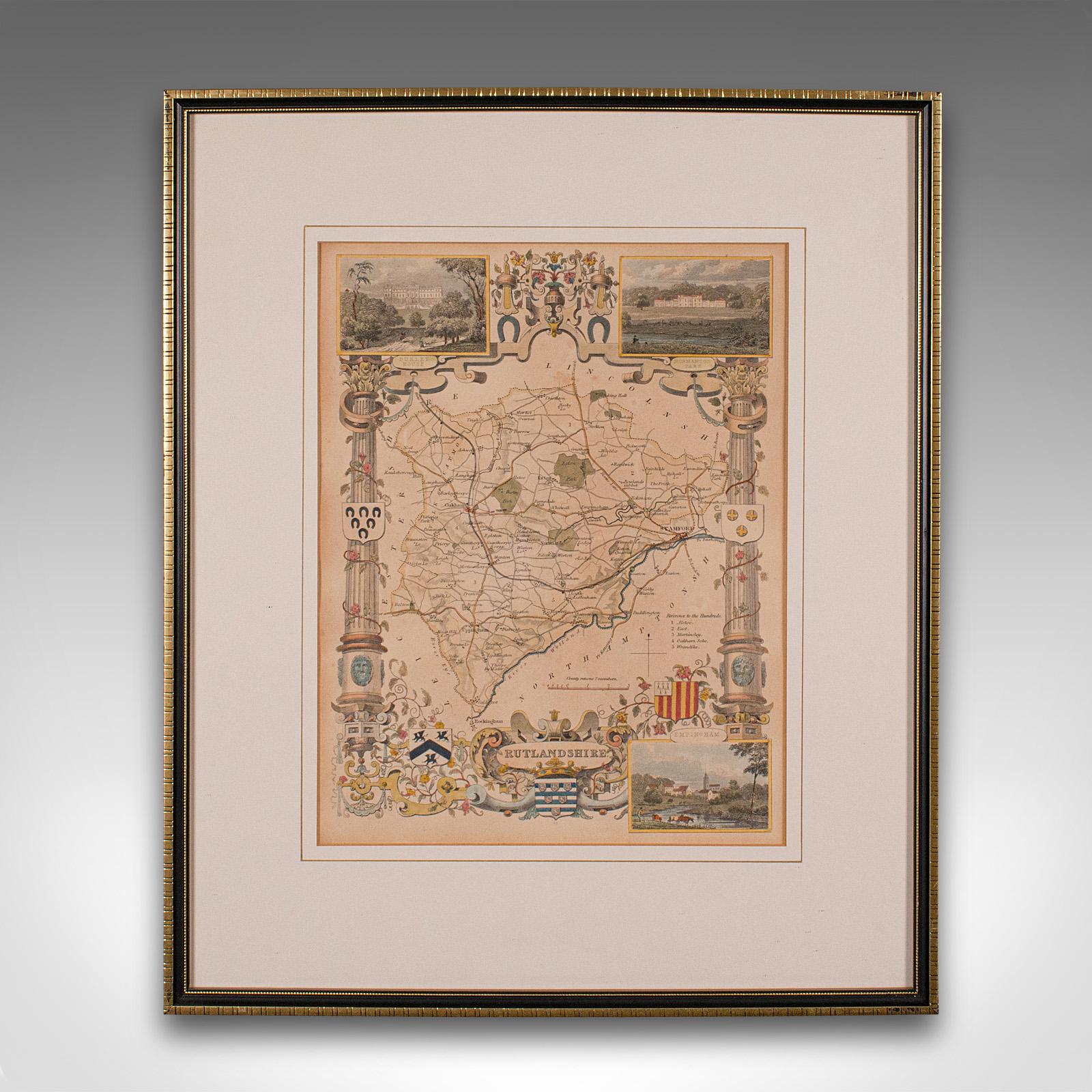 Il s'agit d'une carte lithographique ancienne du Rutlandshire. Gravure d'atlas anglaise encadrée, d'intérêt cartographique, datant du milieu du XIXe siècle ou plus tard.

Superbe lithographie du Rutlandshire et des détails de son comté, parfaite