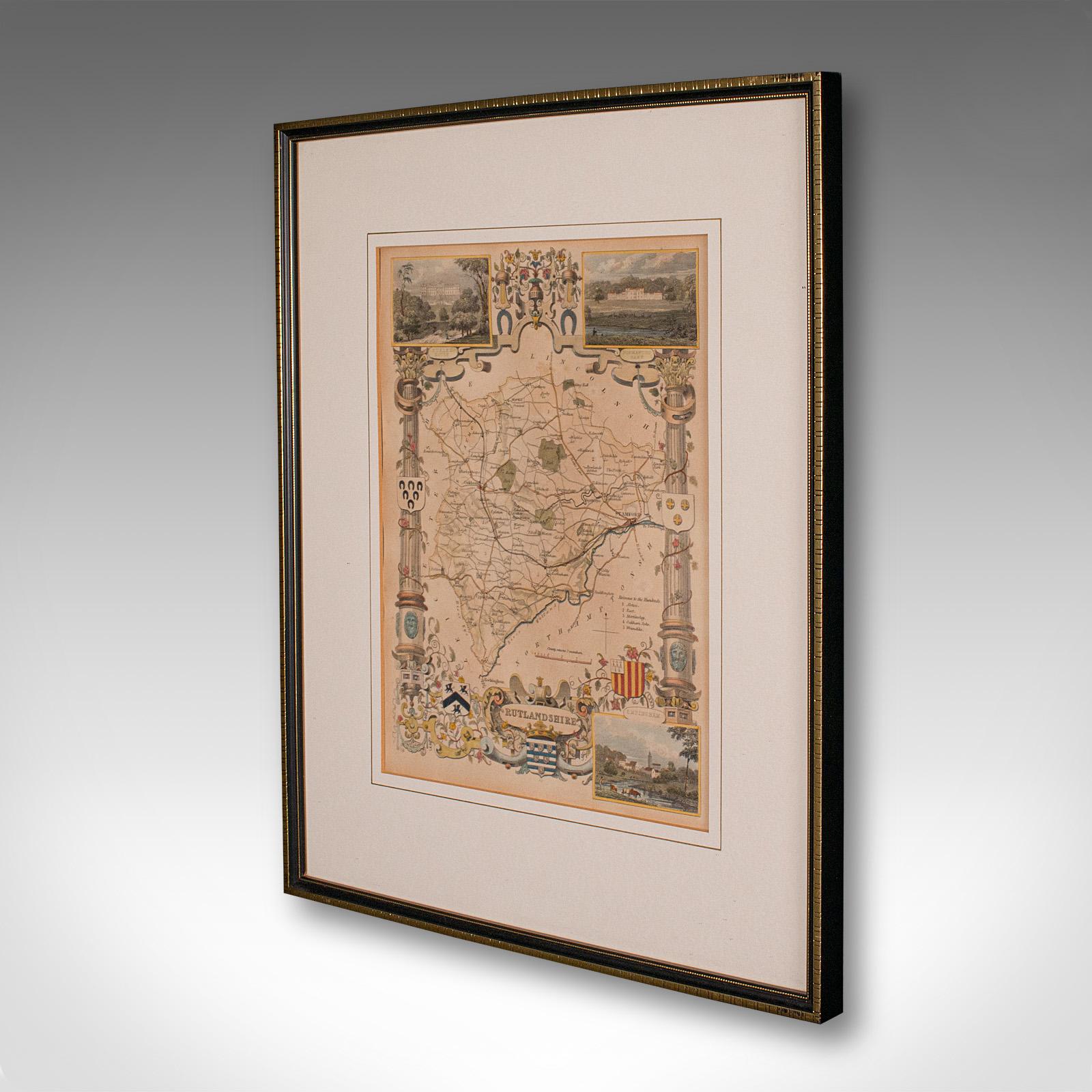 British Antique County Map, Rutlandshire, English, Framed, Cartography, Victorian, 1860 For Sale