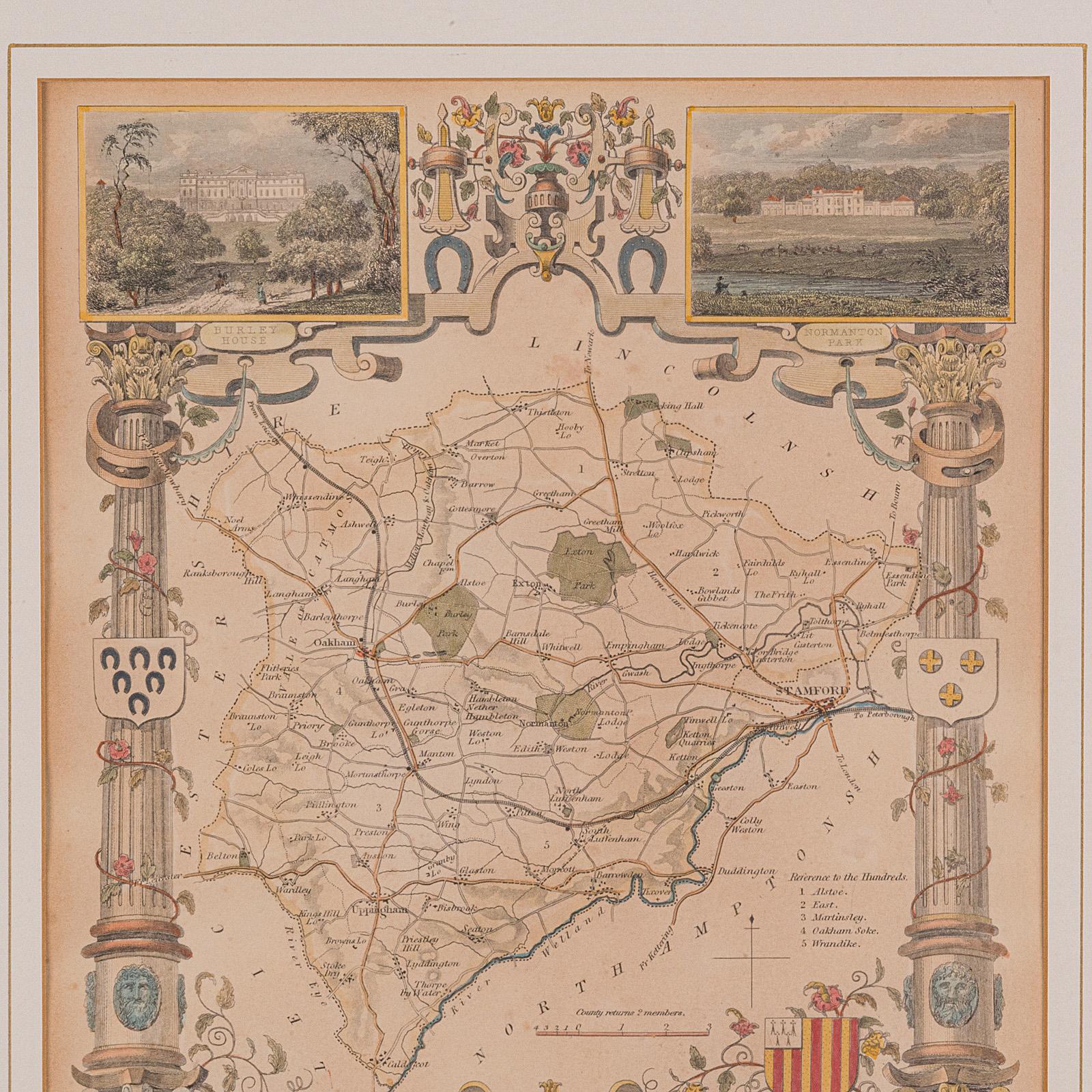 Carte ancienne du County, Rutlandshire, anglaise, encadrée, cartographie, victorienne, 1860 Bon état - En vente à Hele, Devon, GB