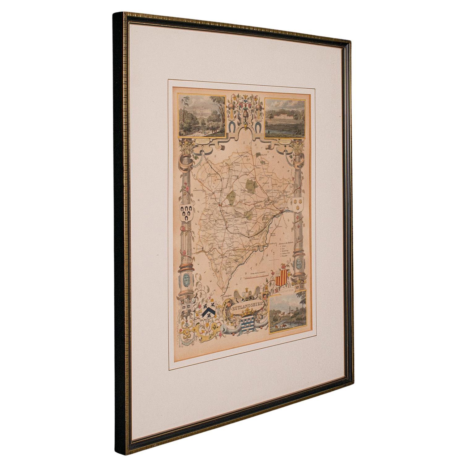 Carte ancienne du County, Rutlandshire, anglaise, encadrée, cartographie, victorienne, 1860 en vente
