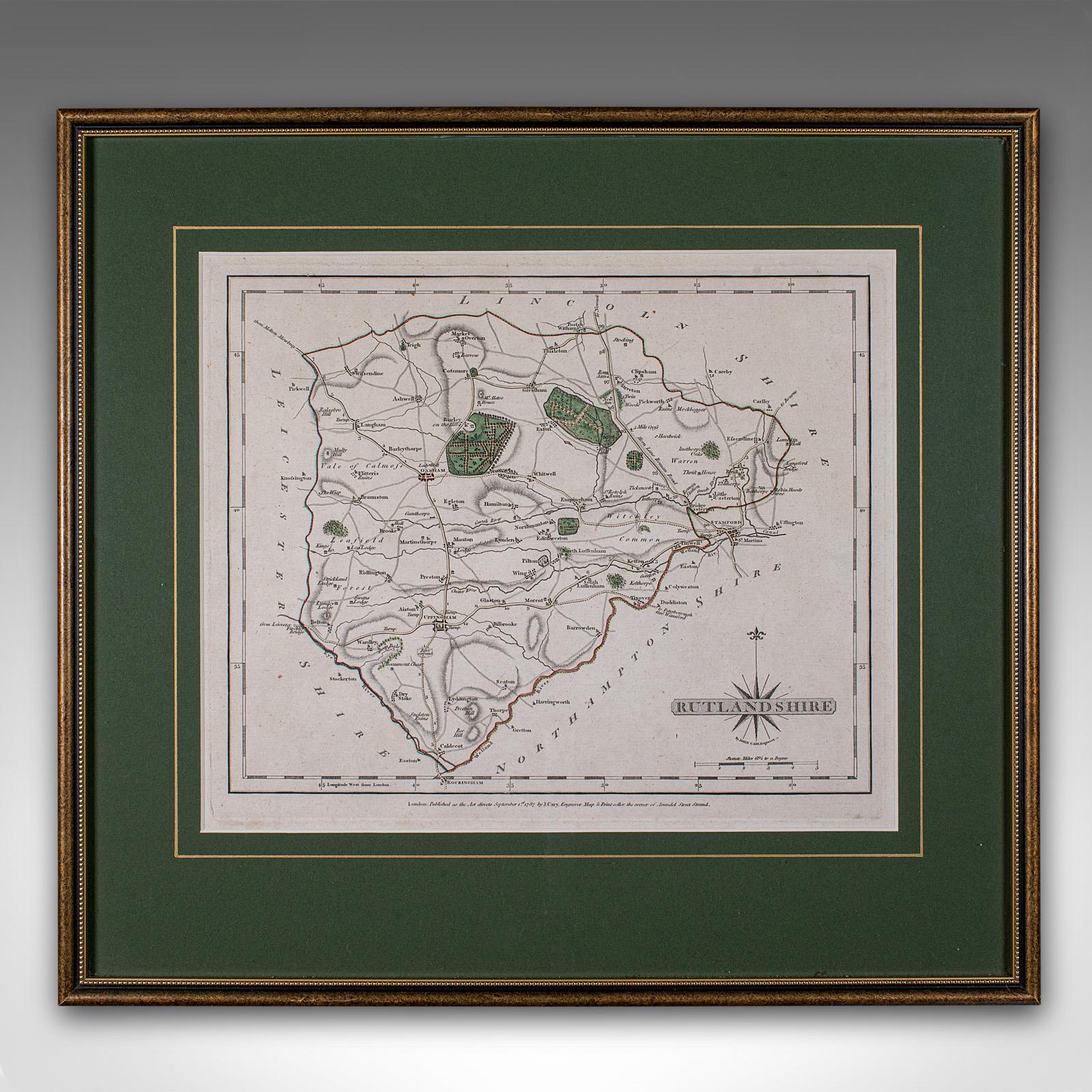 
Dies ist eine antike Grafschaftskarte von Rutlandshire. Ein englischer, gerahmter Atlasstich von kartografischem Interesse, aus der georgianischen Zeit und später, um 1790.

Hervorragende Kartografie von Rutlandshire - perfekt für die