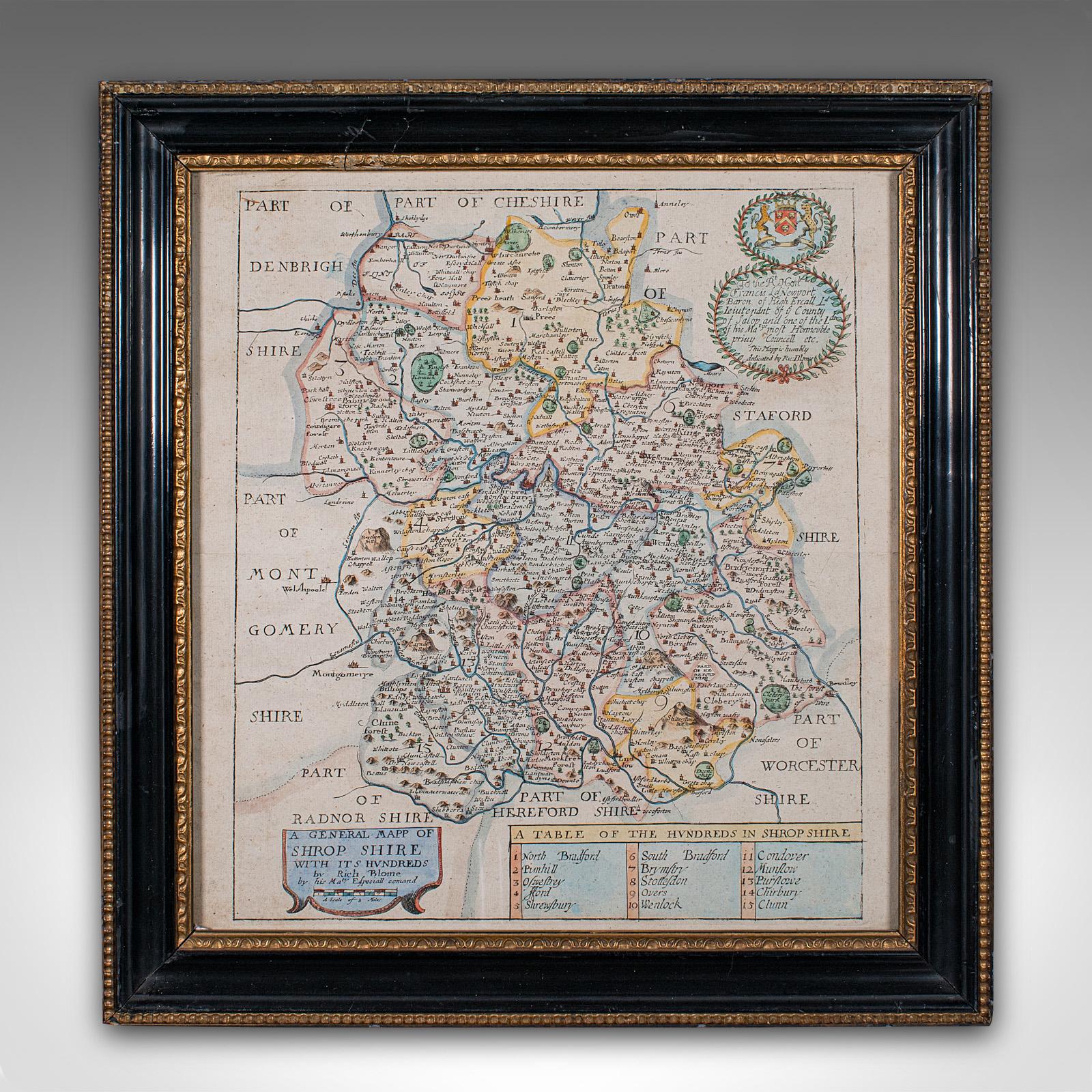 
This is an antique county map of Shropshire. An English, framed atlas engraving by Richard Blome, dating to the 17th century and later.

A treat for the collector or county native, with this charming Shropshire map
Displays a desirable aged patina