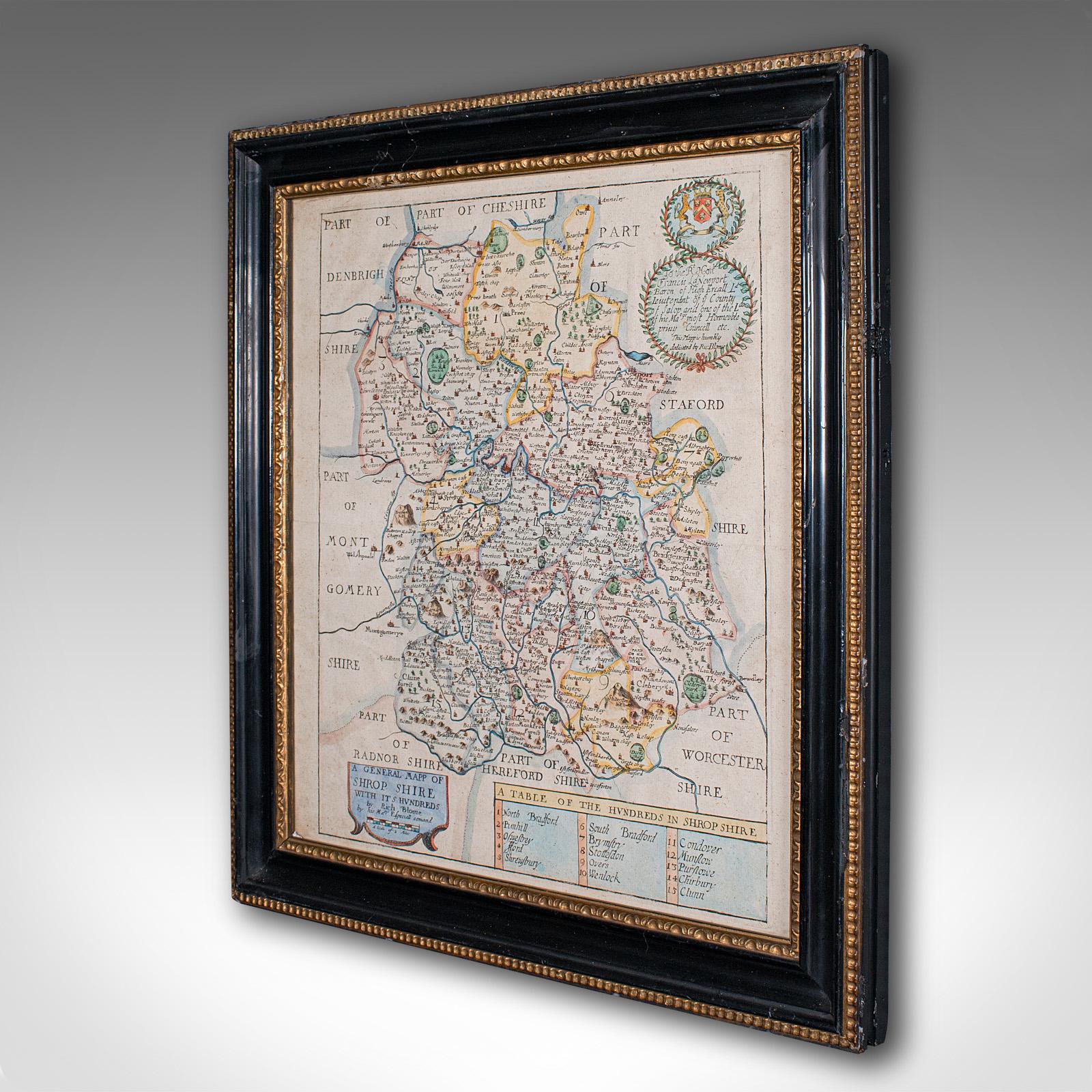 Restauration Antique County Map, Shropshire, English, Atlas Engraving, Richard Blome, C.1673 For Sale