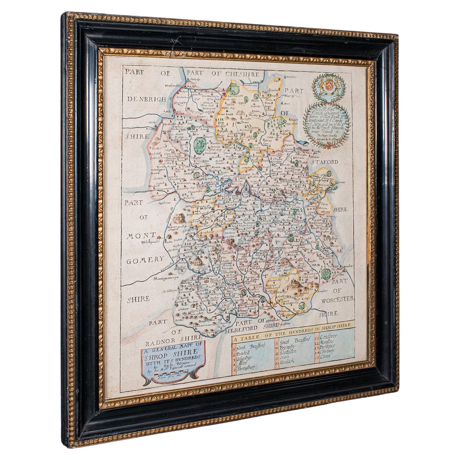 Antiguo Mapa del Condado, Shropshire, Inglés, Grabado Atlas, Richard Blome, C.1673