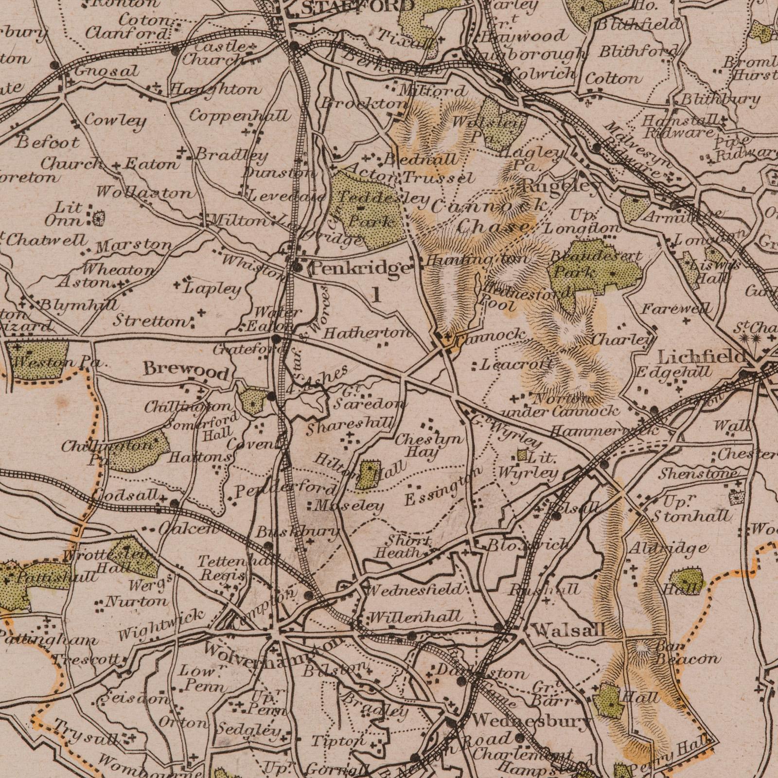 Antique County Map, Staffordshire, English, Framed Litho, Cartography, Victorian For Sale 5