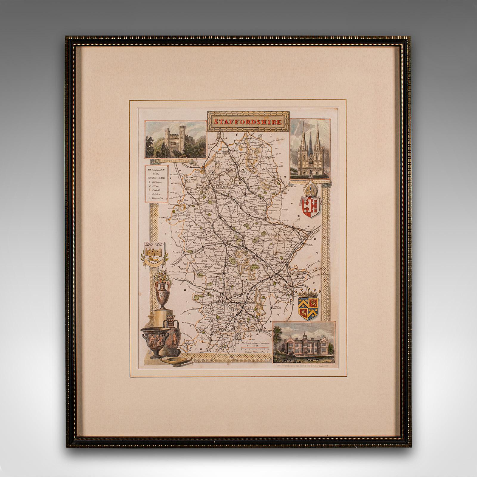 
This is an antique lithography map of Staffordshire. An English, framed atlas engraving of cartographic interest, dating to the mid 19th century and later.

Superb lithography of Staffordshire and its county detail, perfect for display
Displaying a