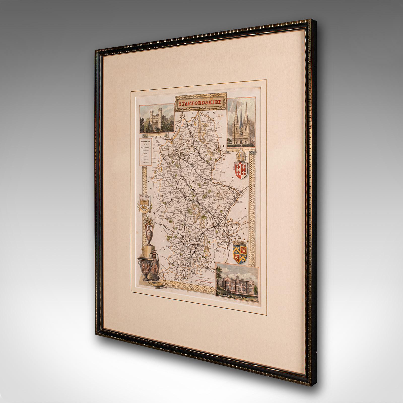 British Antique County Map, Staffordshire, English, Framed Litho, Cartography, Victorian For Sale