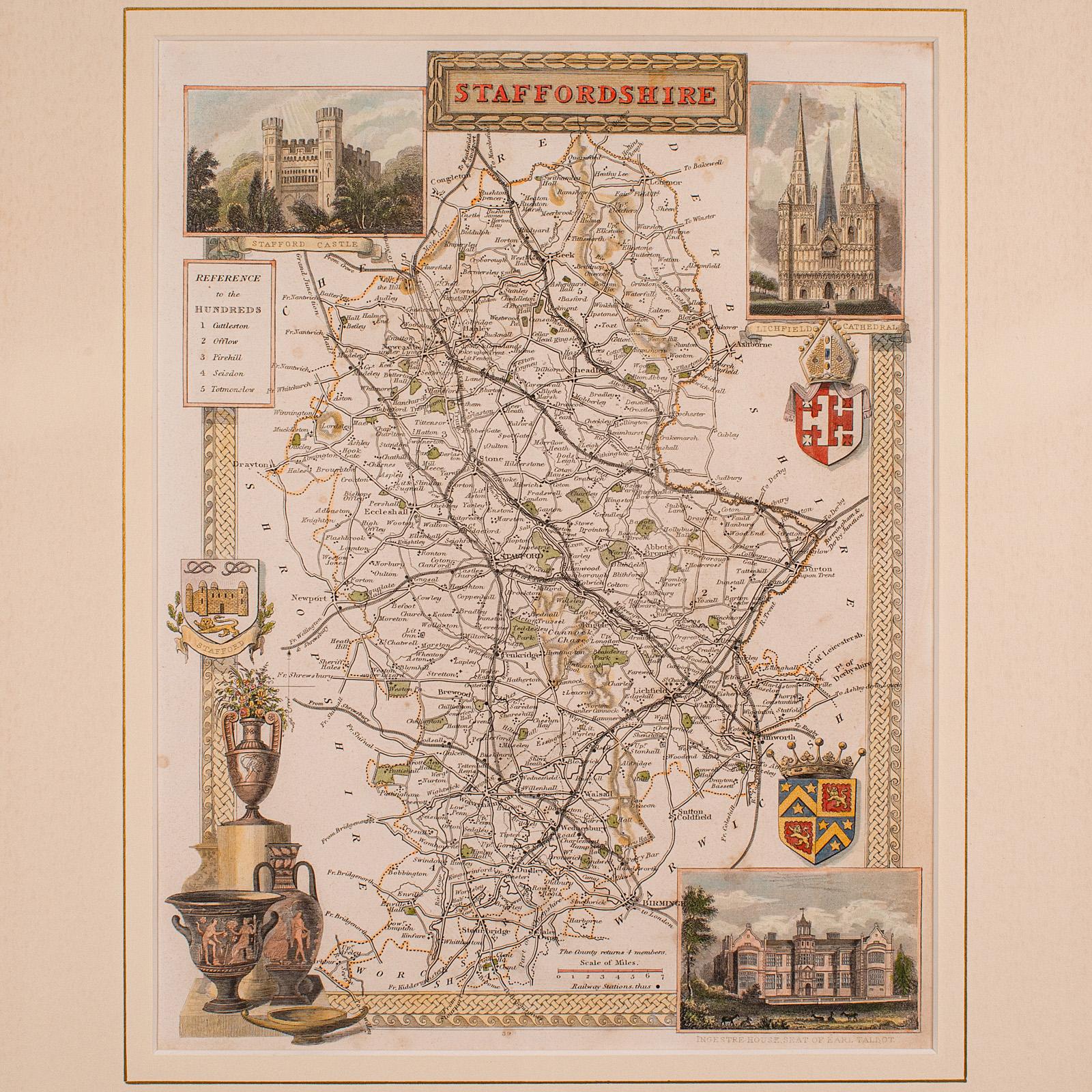 Antique County Map, Staffordshire, English, Framed Litho, Cartography, Victorian In Good Condition For Sale In Hele, Devon, GB