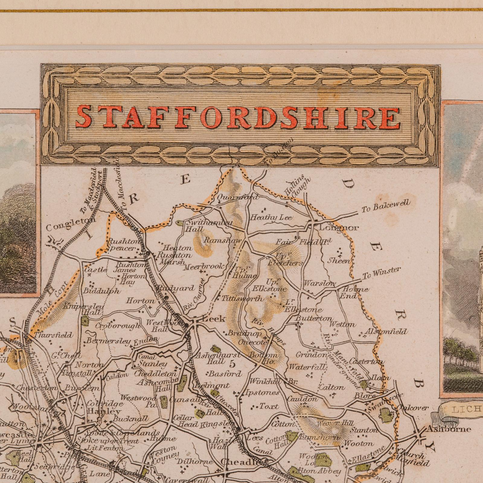 19th Century Antique County Map, Staffordshire, English, Framed Litho, Cartography, Victorian For Sale