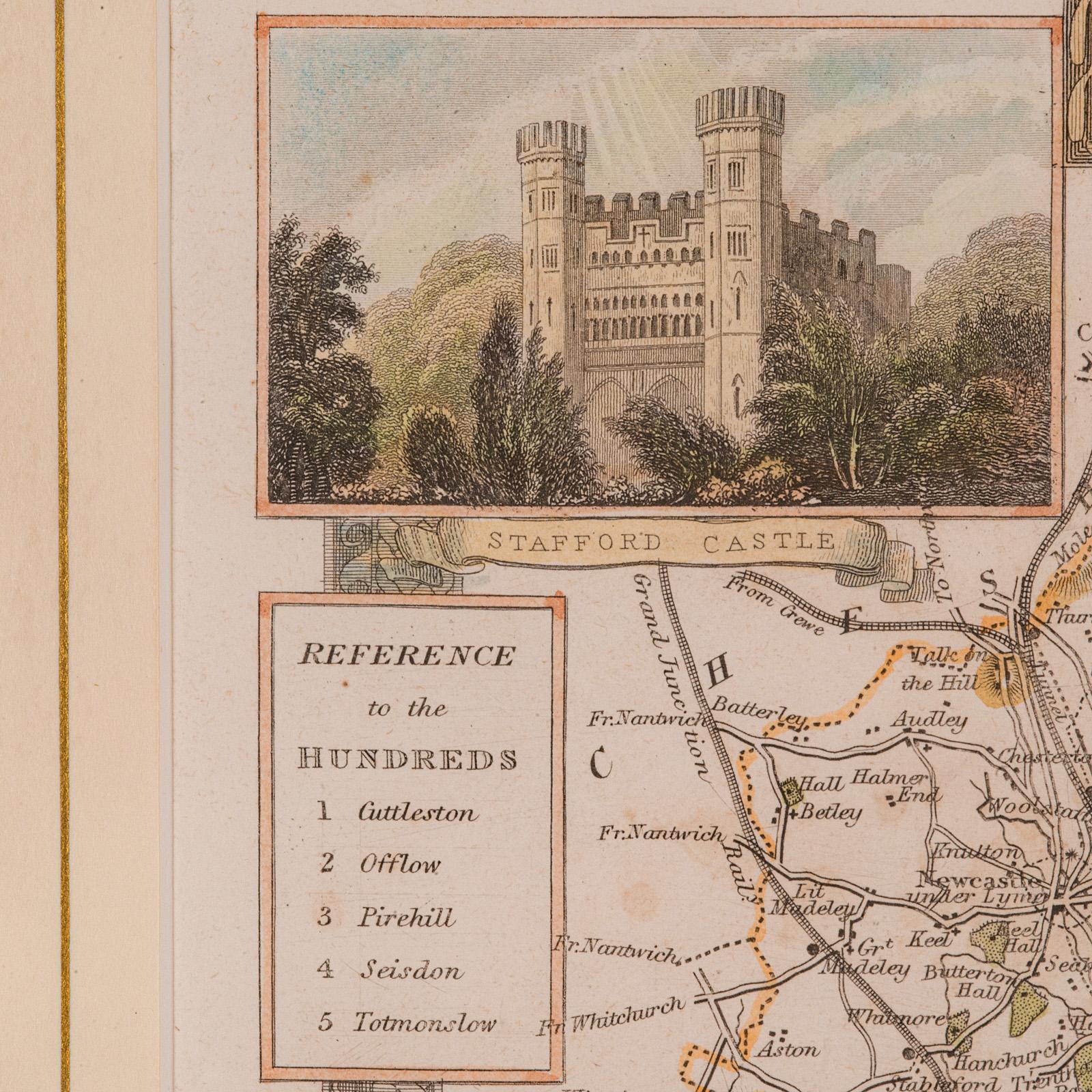 Glass Antique County Map, Staffordshire, English, Framed Litho, Cartography, Victorian For Sale