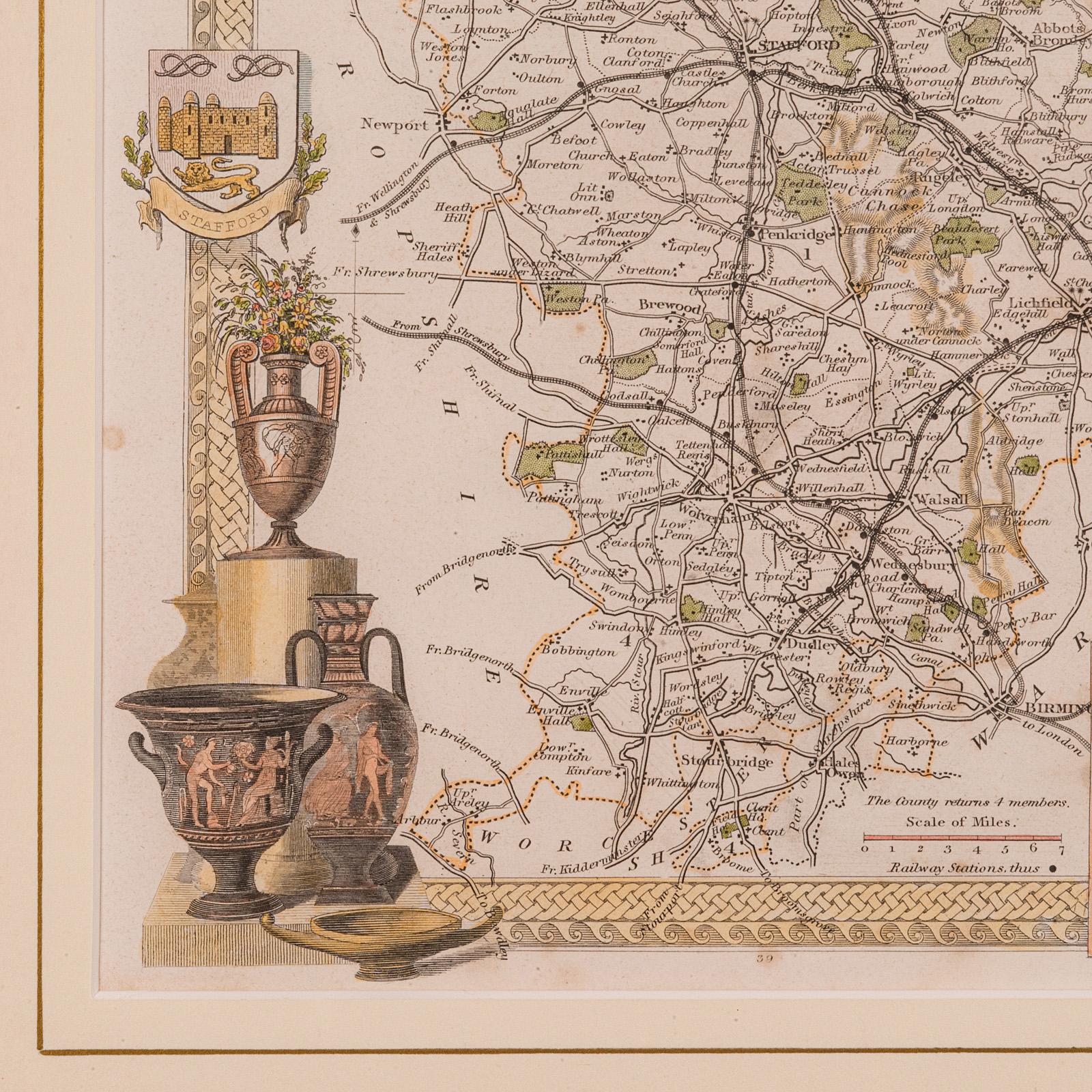 Antique County Map, Staffordshire, English, Framed Litho, Cartography, Victorian For Sale 2